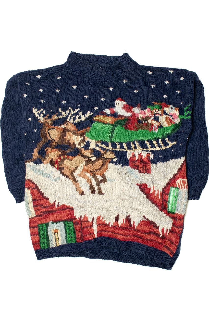 Vintage Santa And His Sleigh On The Roof Ugly Christmas Sweater