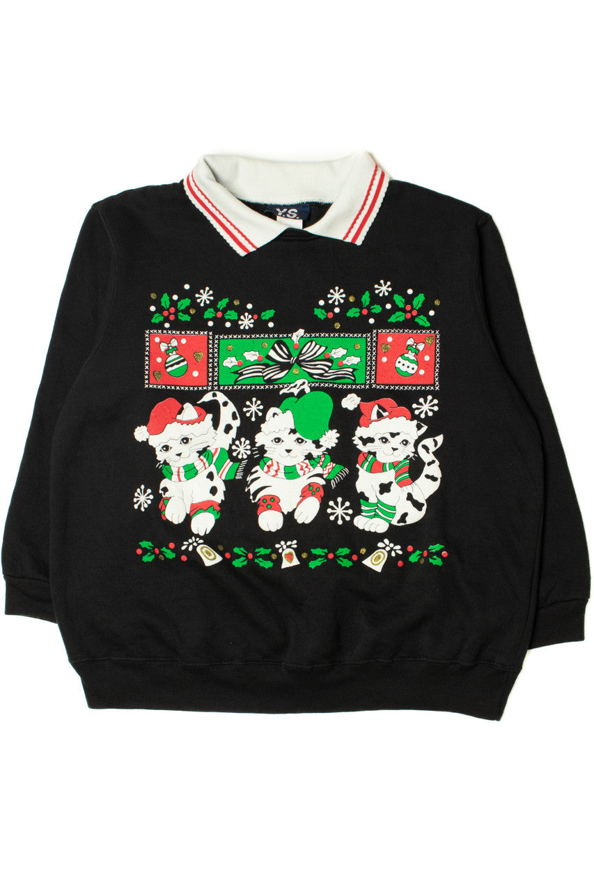 Holiday Cats Front/Back Embossed Print Ugly Christmas Sweatshirt 62223