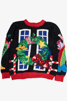 Vintage Pink Cowboy Boot Cowboy Santa Hand Knit Ugly Christmas Sweater (1990s)