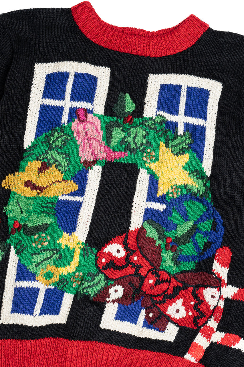 Vintage Pink Cowboy Boot Cowboy Santa Hand Knit Ugly Christmas Sweater (1990s)