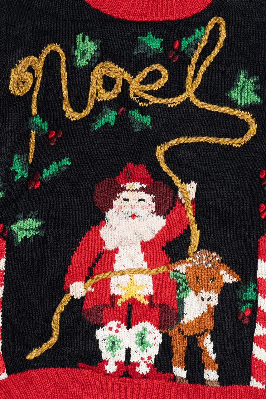 Vintage Pink Cowboy Boot Cowboy Santa Hand Knit Ugly Christmas Sweater (1990s)