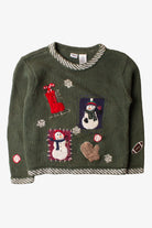 Kids green Christmas pullover sweater with snowmen, ice skate, mitten, and baseball themed decorations