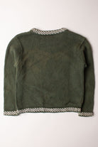 Back view of kids green knitted ugly Christmas pullover with striped collar and hem detailing