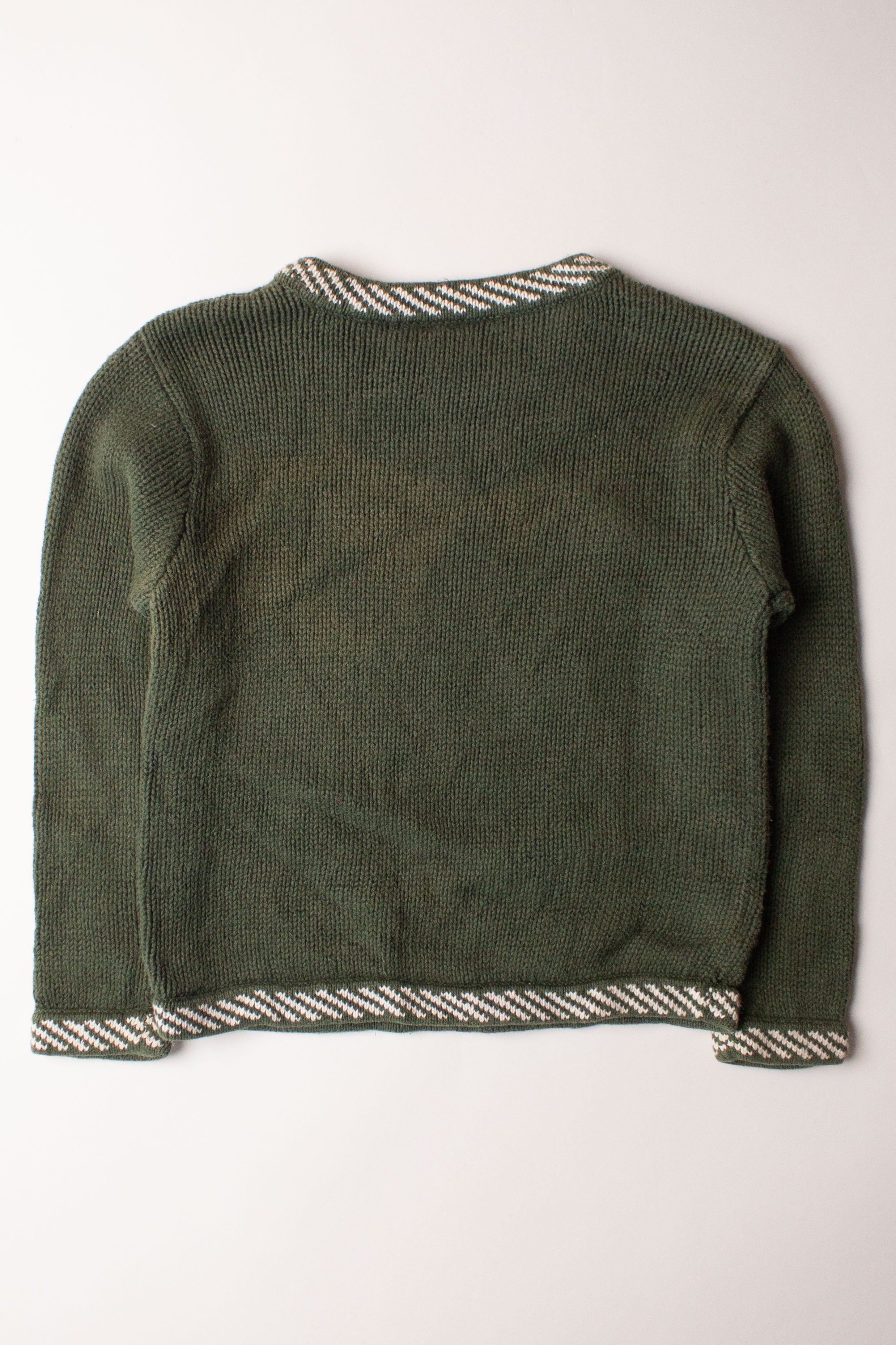 Back view of kids green knitted ugly Christmas pullover with striped collar and hem detailing