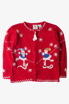 Kids red ugly Christmas cardigan with ice skater designs and white snowflake patterns size 6X
