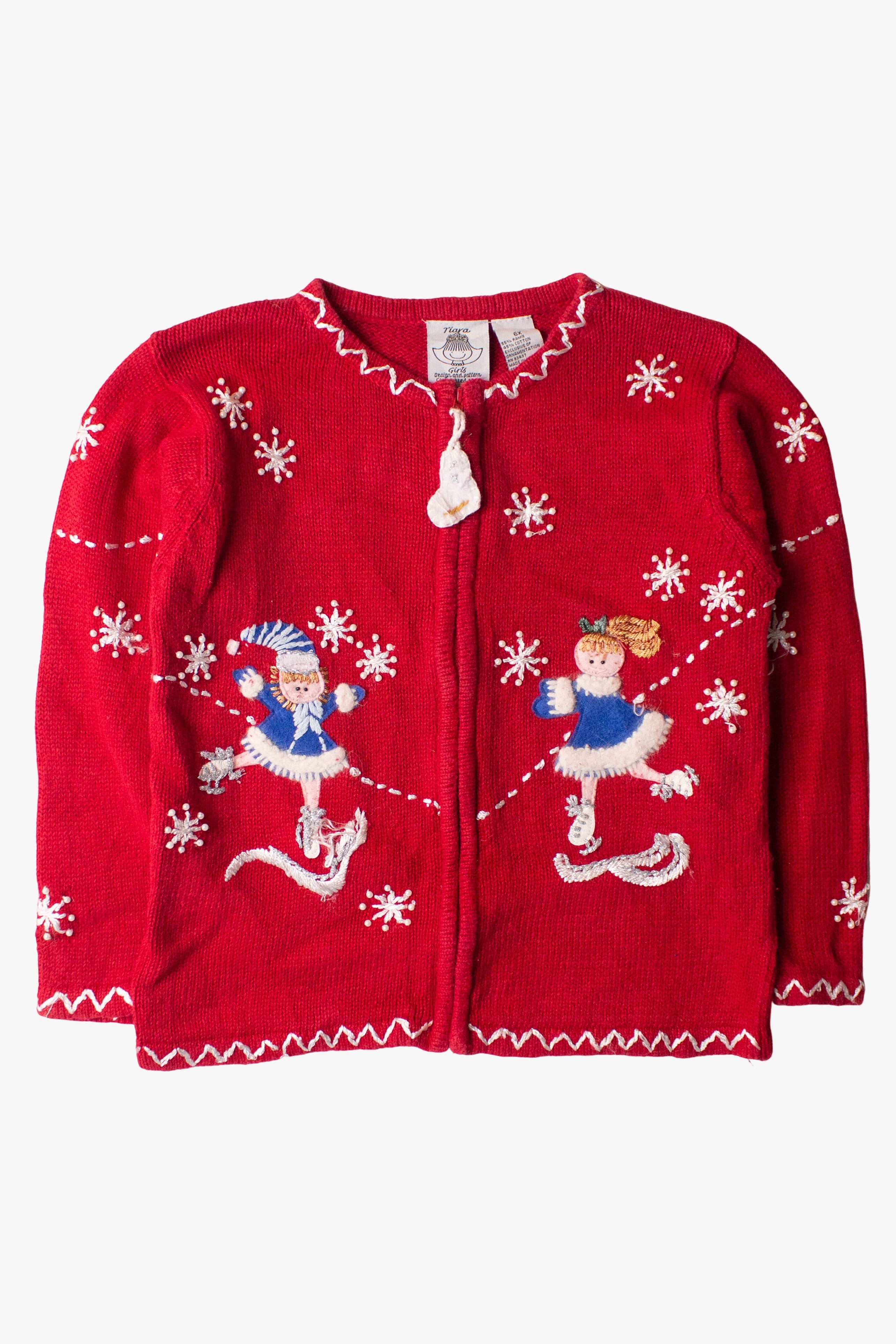 Kids red ugly Christmas cardigan with ice skater designs and white snowflake patterns size 6X