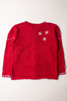Back view of kids red ugly Christmas cardigan size 6X with white snowflake decorations and trim details