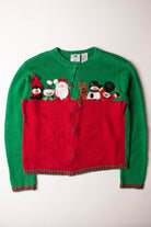 Kids green and red ugly Christmas cardigan with festive holiday characters and zipper front closure
