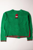 Kids green Christmas cardigan with red trim and a small penguin wearing a red hat embroidered on back