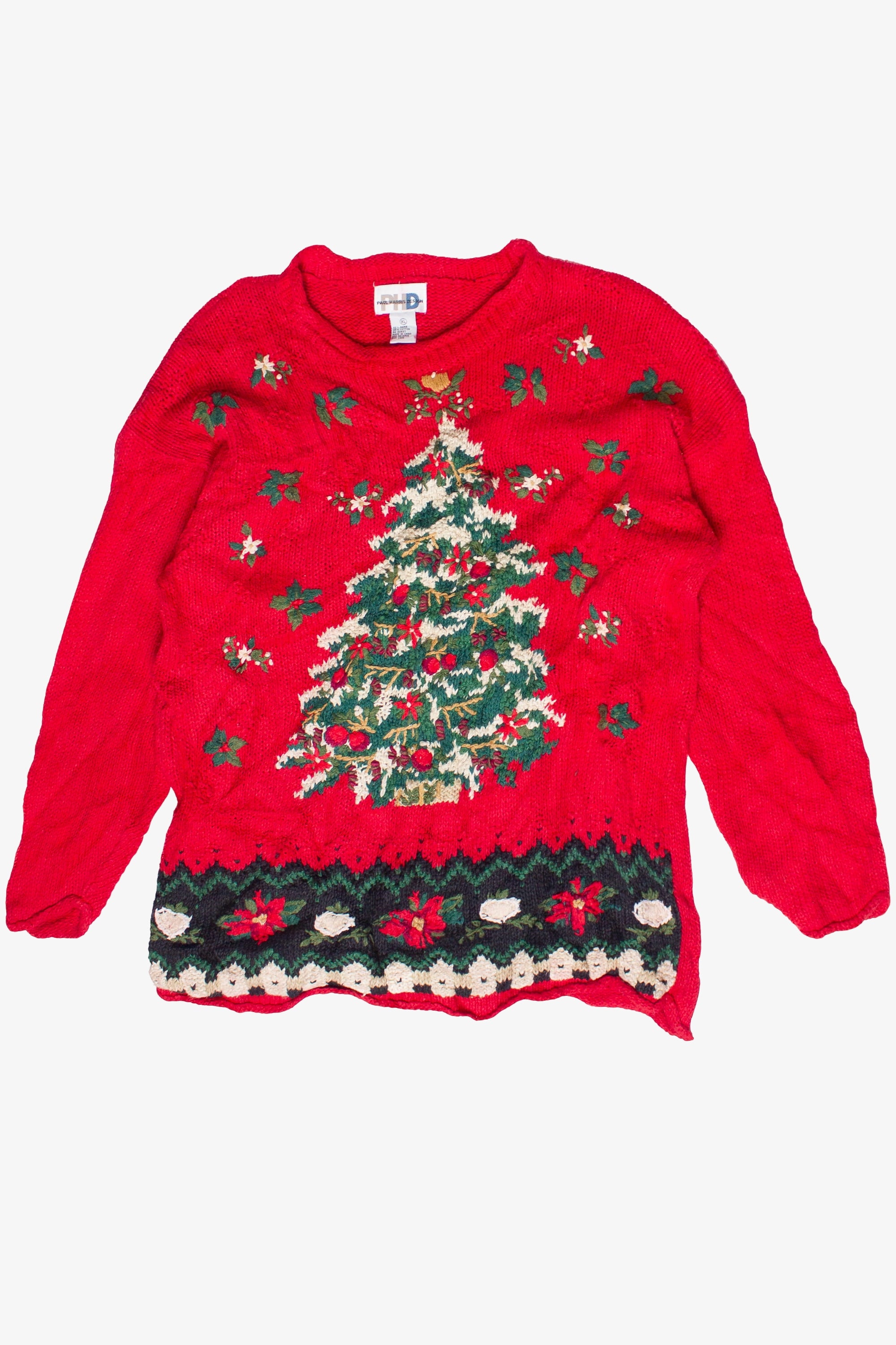 Vintage Poinsettia Holly Christmas Tree Ugly Christmas Sweater