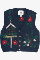 Vintage Hand Embroidered Holiday Birdhouse Ugly Christmas Sweater Vest (1990s)