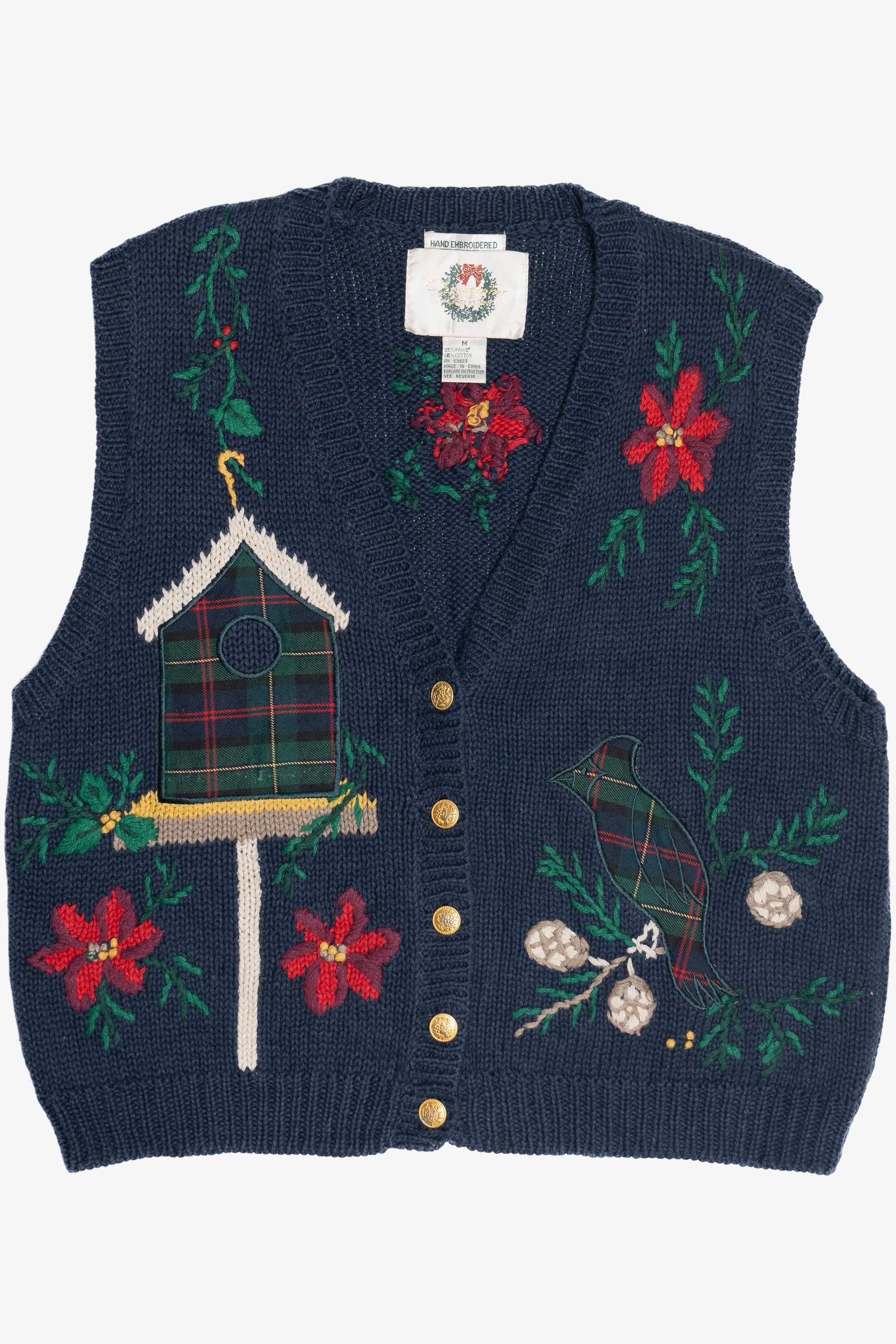 Vintage Hand Embroidered Holiday Birdhouse Ugly Christmas Sweater Vest (1990s)