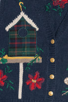 Vintage Hand Embroidered Holiday Birdhouse Ugly Christmas Sweater Vest (1990s)