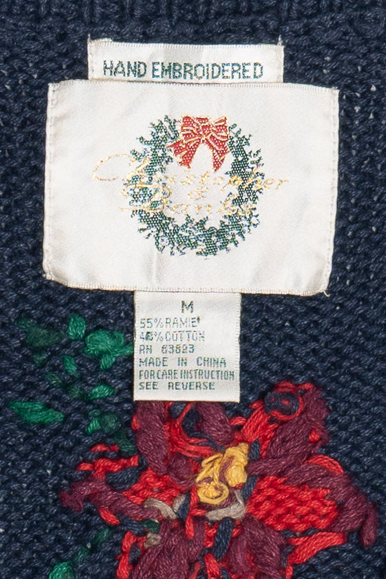 Vintage Hand Embroidered Holiday Birdhouse Ugly Christmas Sweater Vest (1990s)