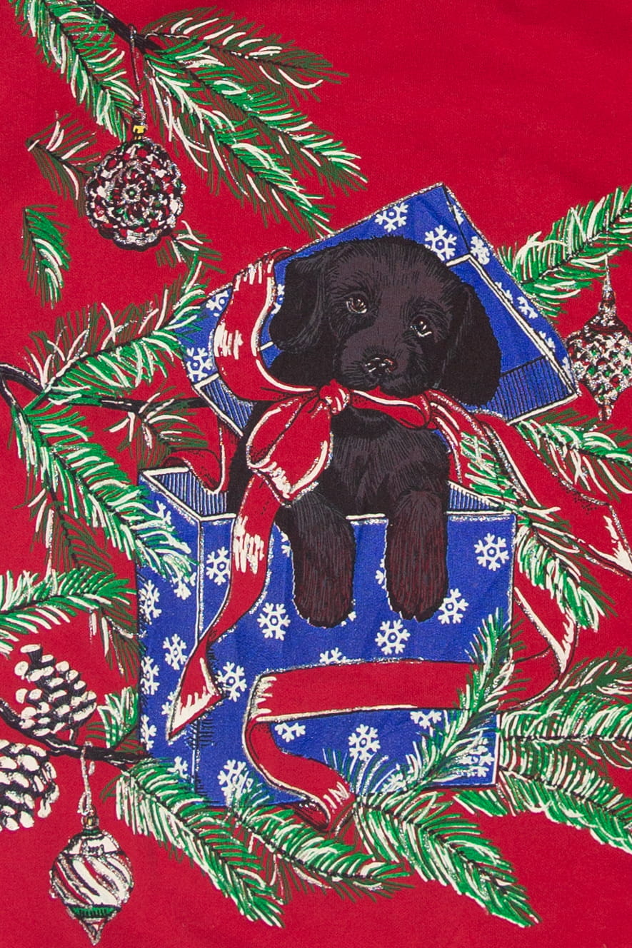 Vintage Puppy In Present Ugly Christmas Sweater (1990s)