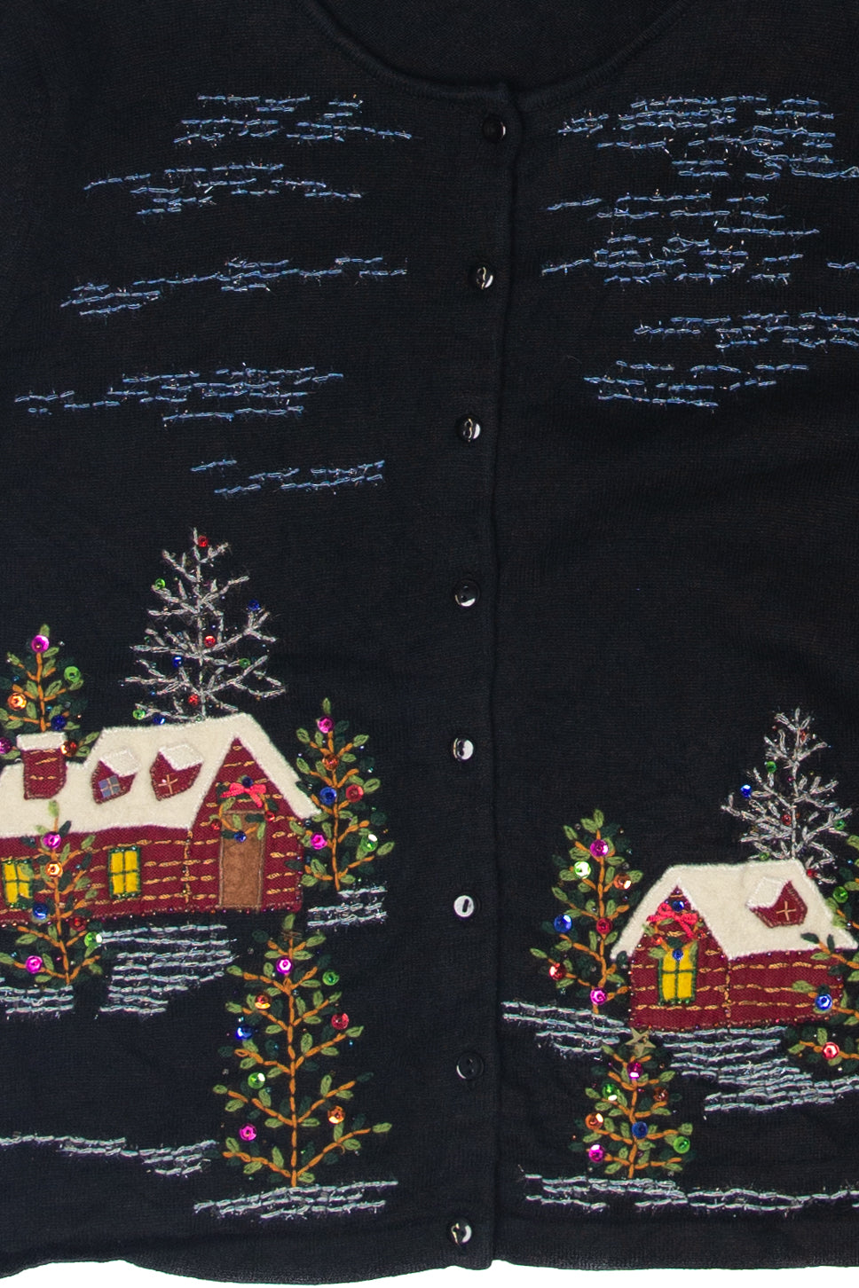 Vintage Snowy Houses Ugly Christmas Cardigans (1990s)
