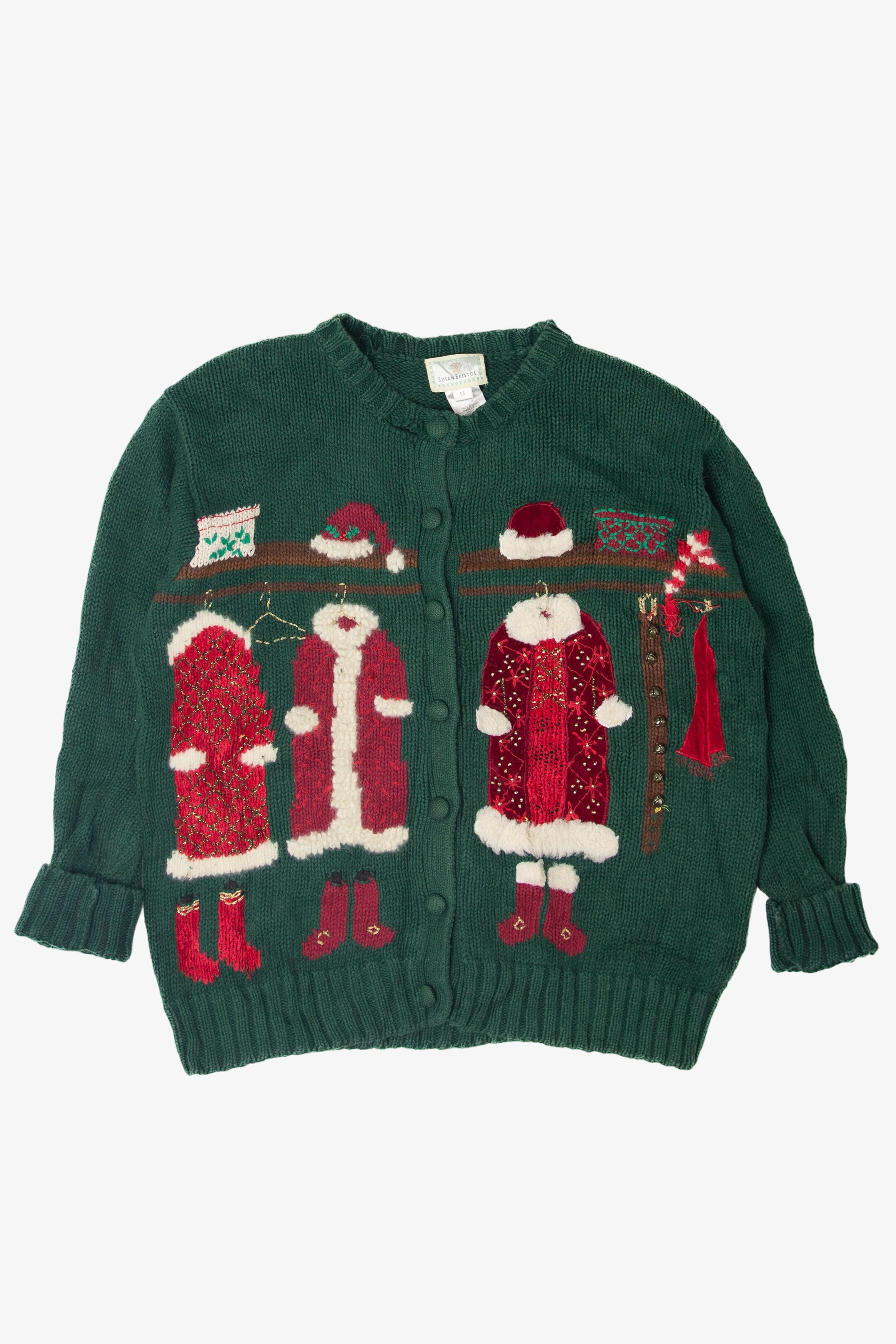 Vintage Hand Embroidered Santa's Closet Ugly Christmas Cardigan (1990s)