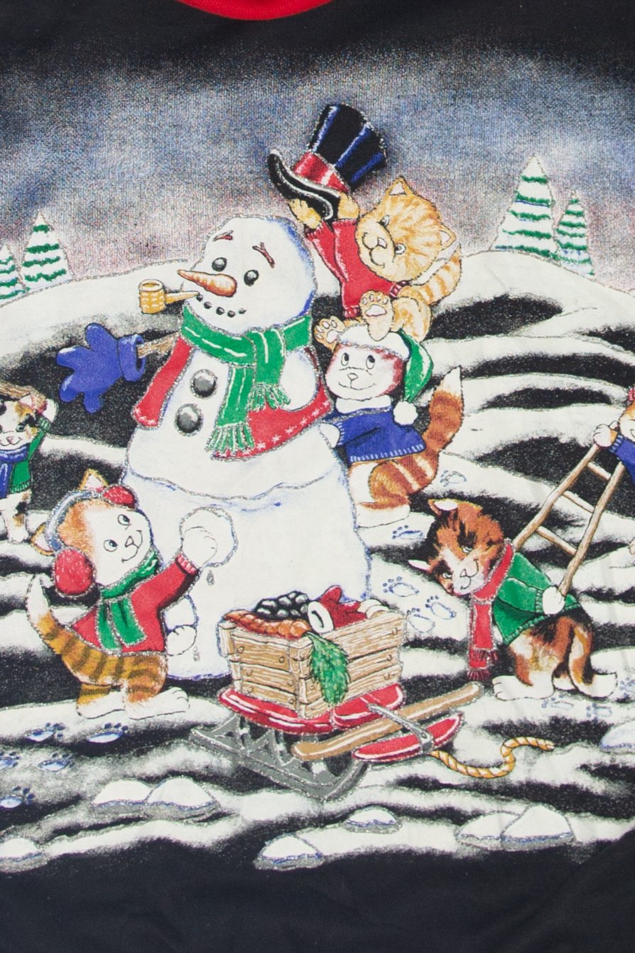Vintage Cats Building Snowman Ugly Christmas Sweatshirts (1990s)