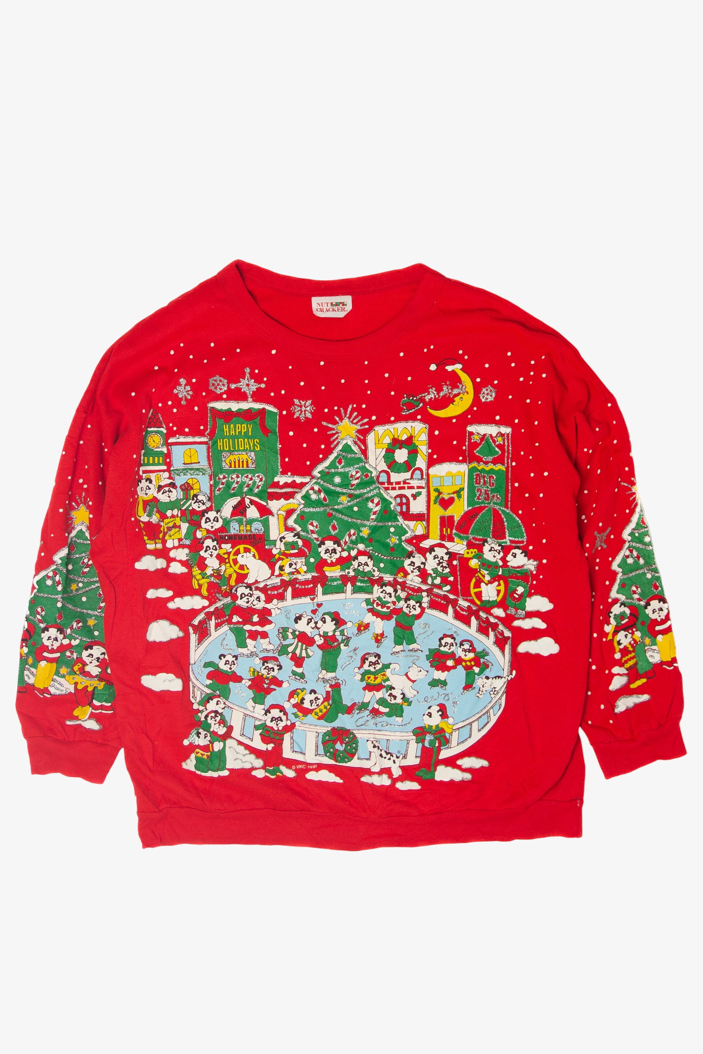 Vintage Panda Bears Ice Skating Ugly Christmas Sweatshirts (1990s)