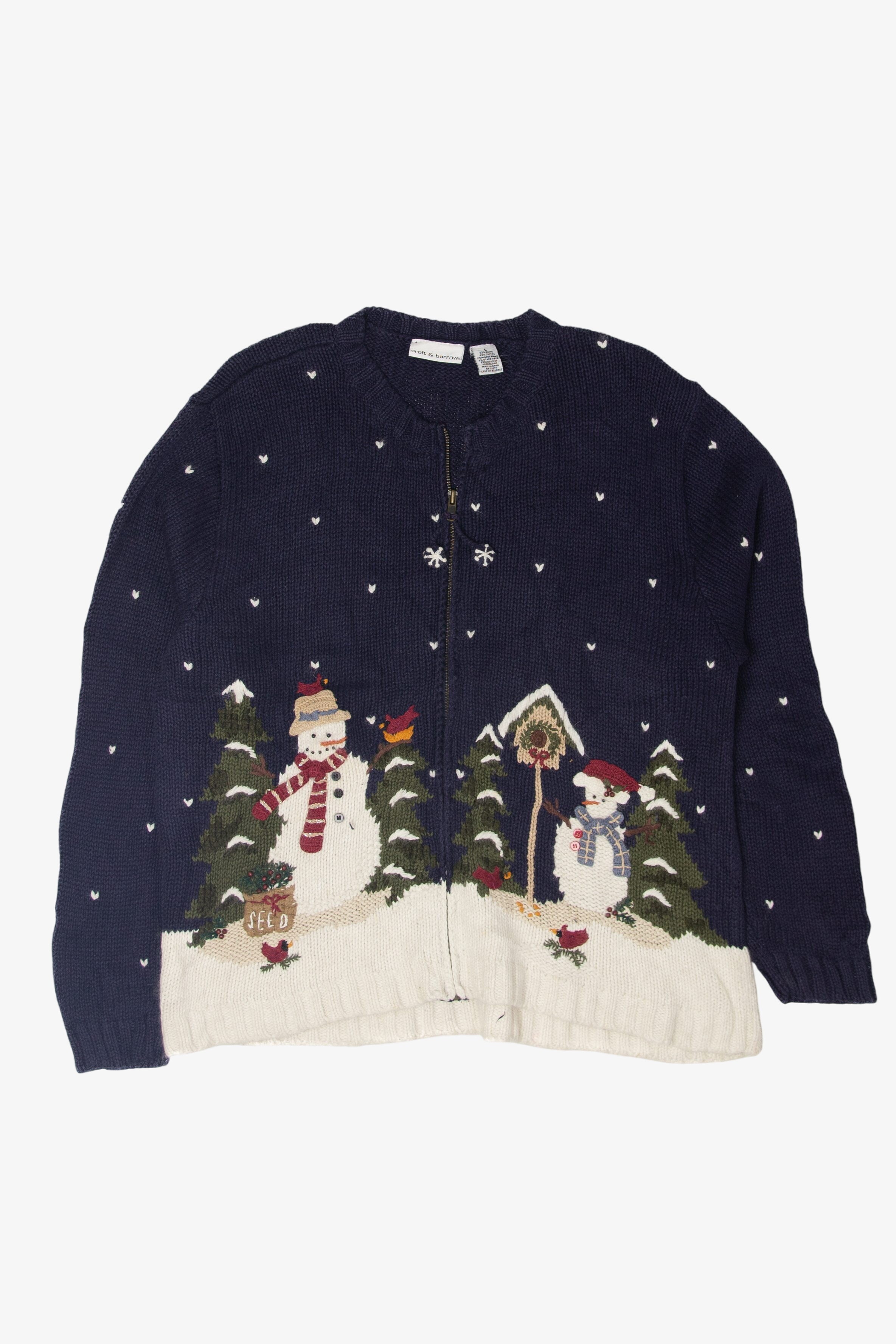 Vintage Snowmen Birdhouse Ugly Christmas Cardigans (1990s)