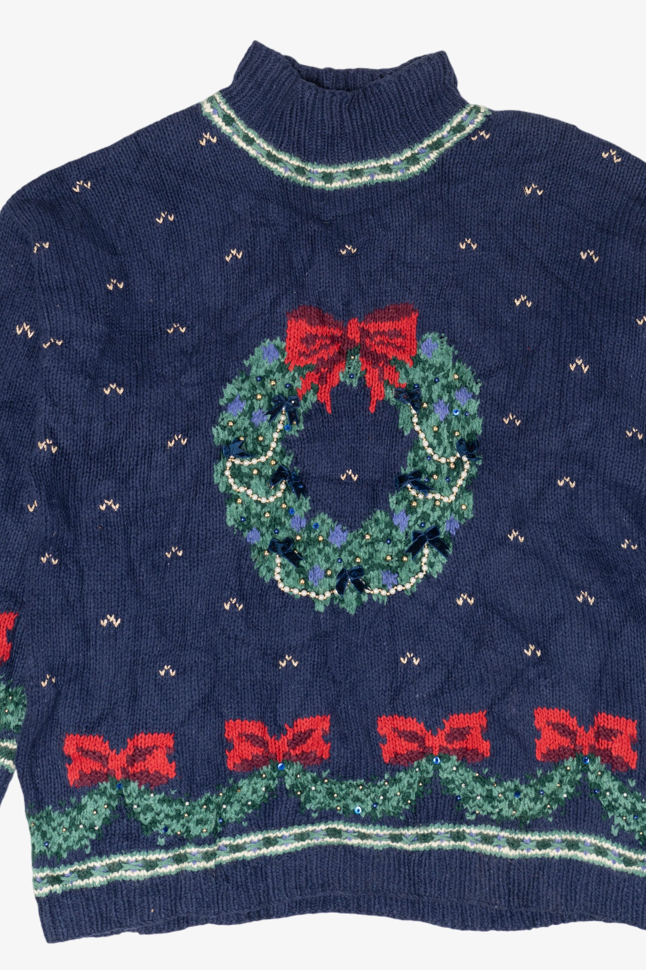 Vintage Hand Knit Wreaths Ugly Christmas Sweater (1990s)