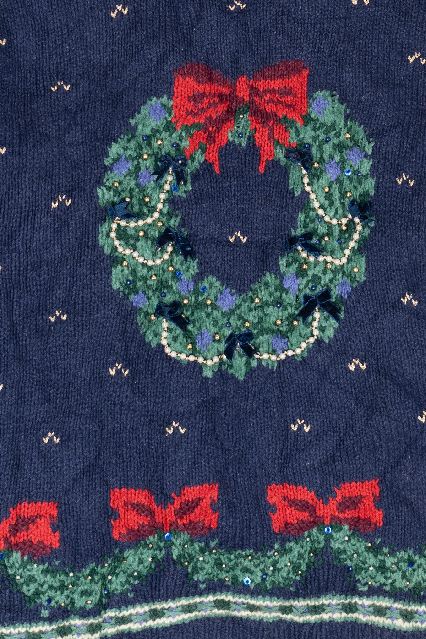 Vintage Hand Knit Wreaths Ugly Christmas Sweater (1990s)