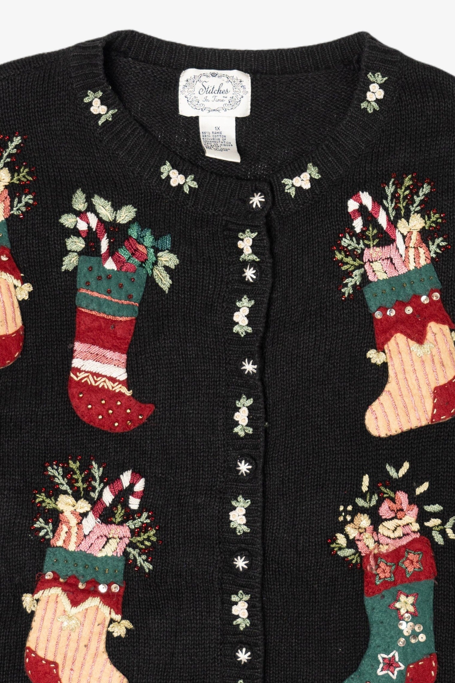 Vintage Stitches In Time Stockings Ugly Christmas Cardigan (1990s)