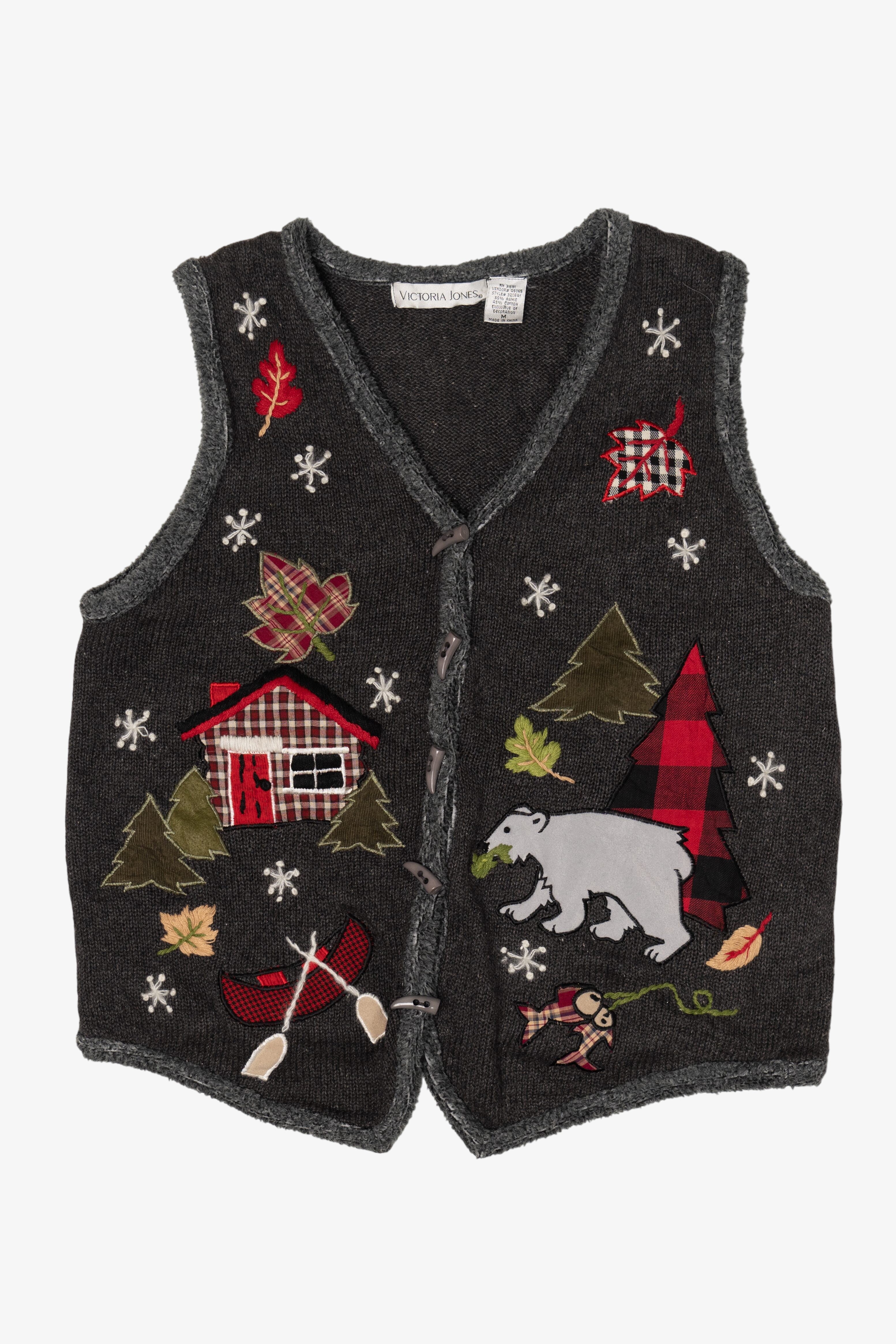 Vintage Victoria Jones Fishing Cabin Ugly Christmas Vest (1990s)
