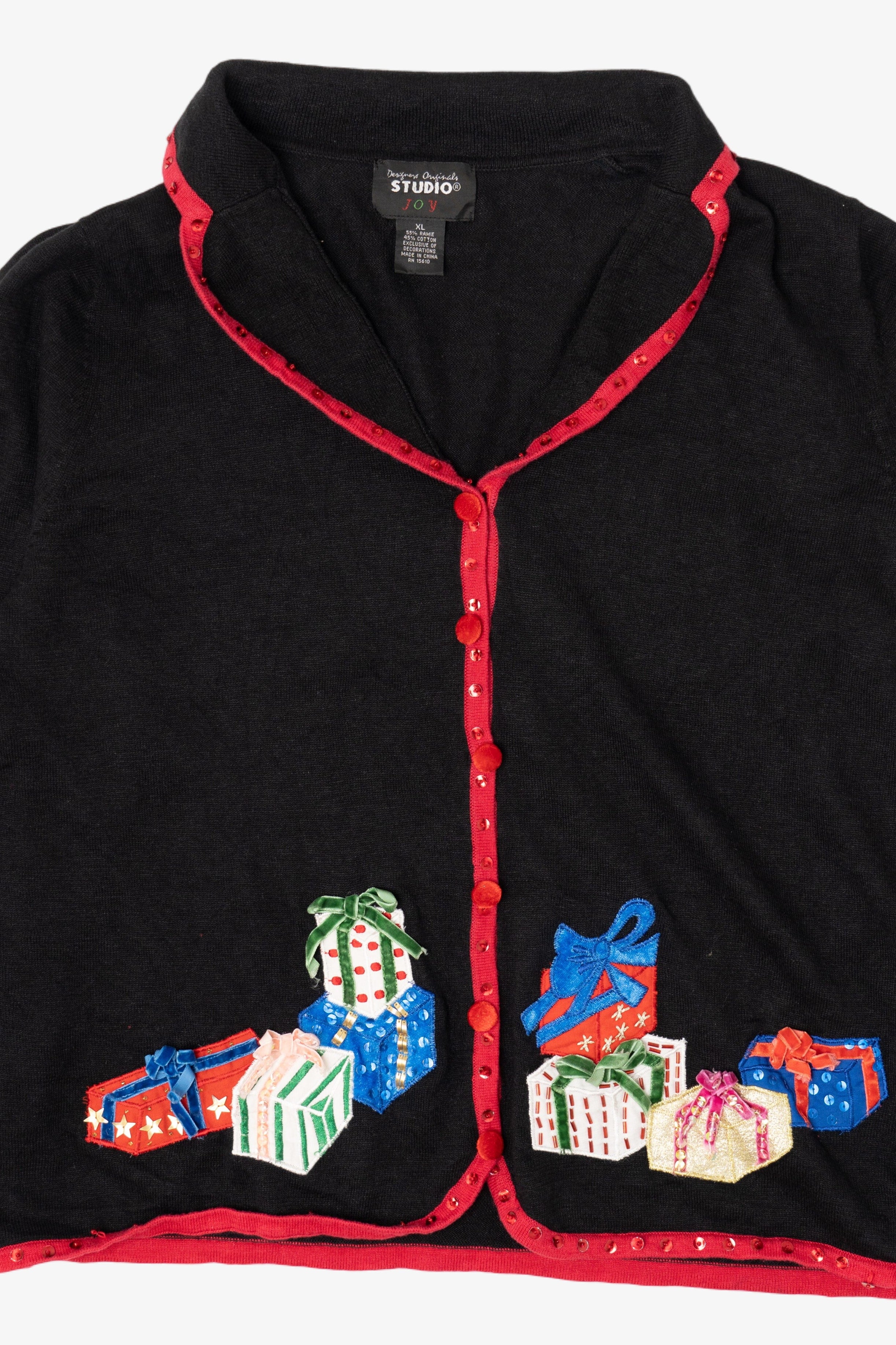 Vintage Y2k Lightweight Studio Joy Presents Black Ugly Christmas Cardigan (2000s)