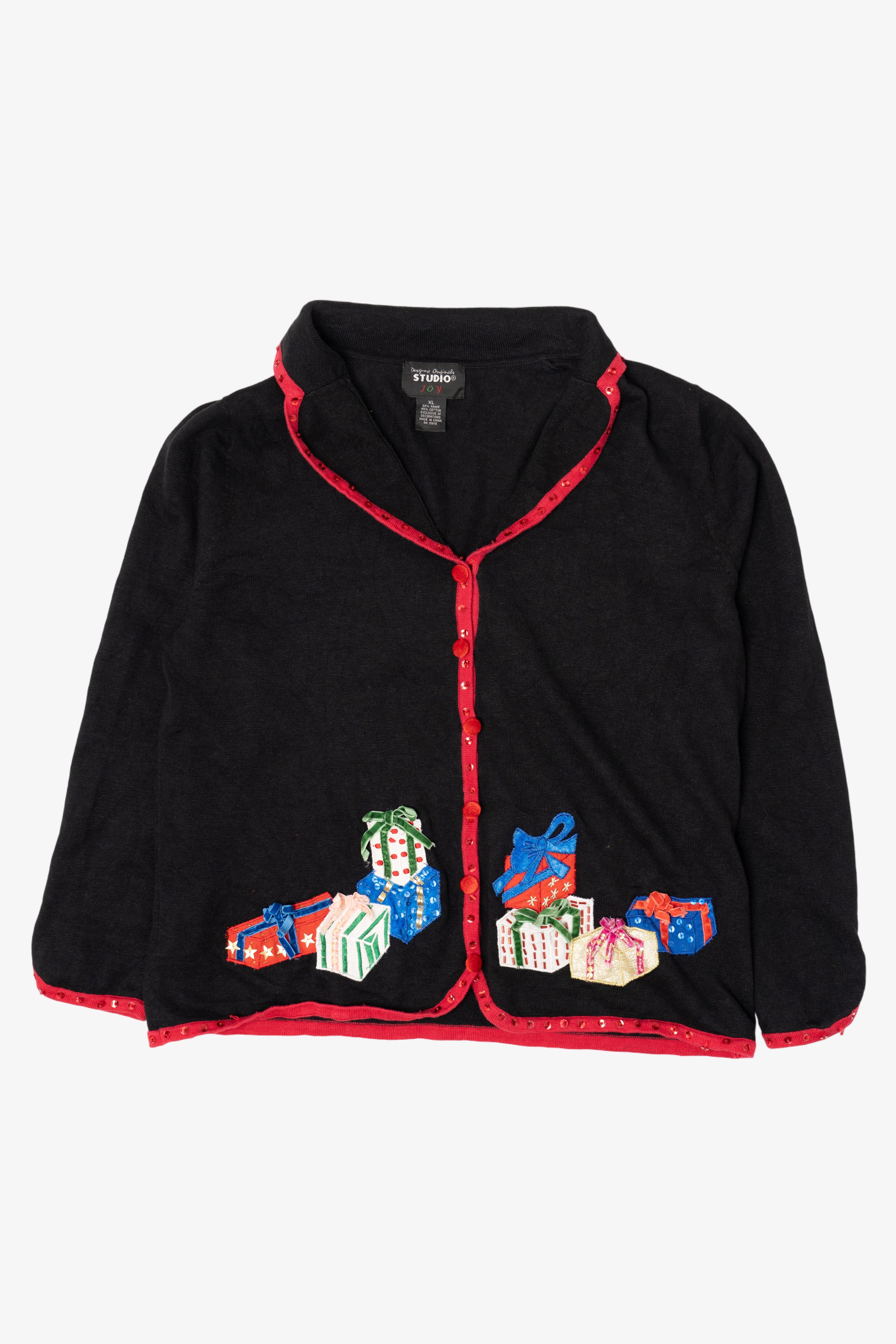 Vintage Y2k Lightweight Studio Joy Presents Black Ugly Christmas Cardigan (2000s)