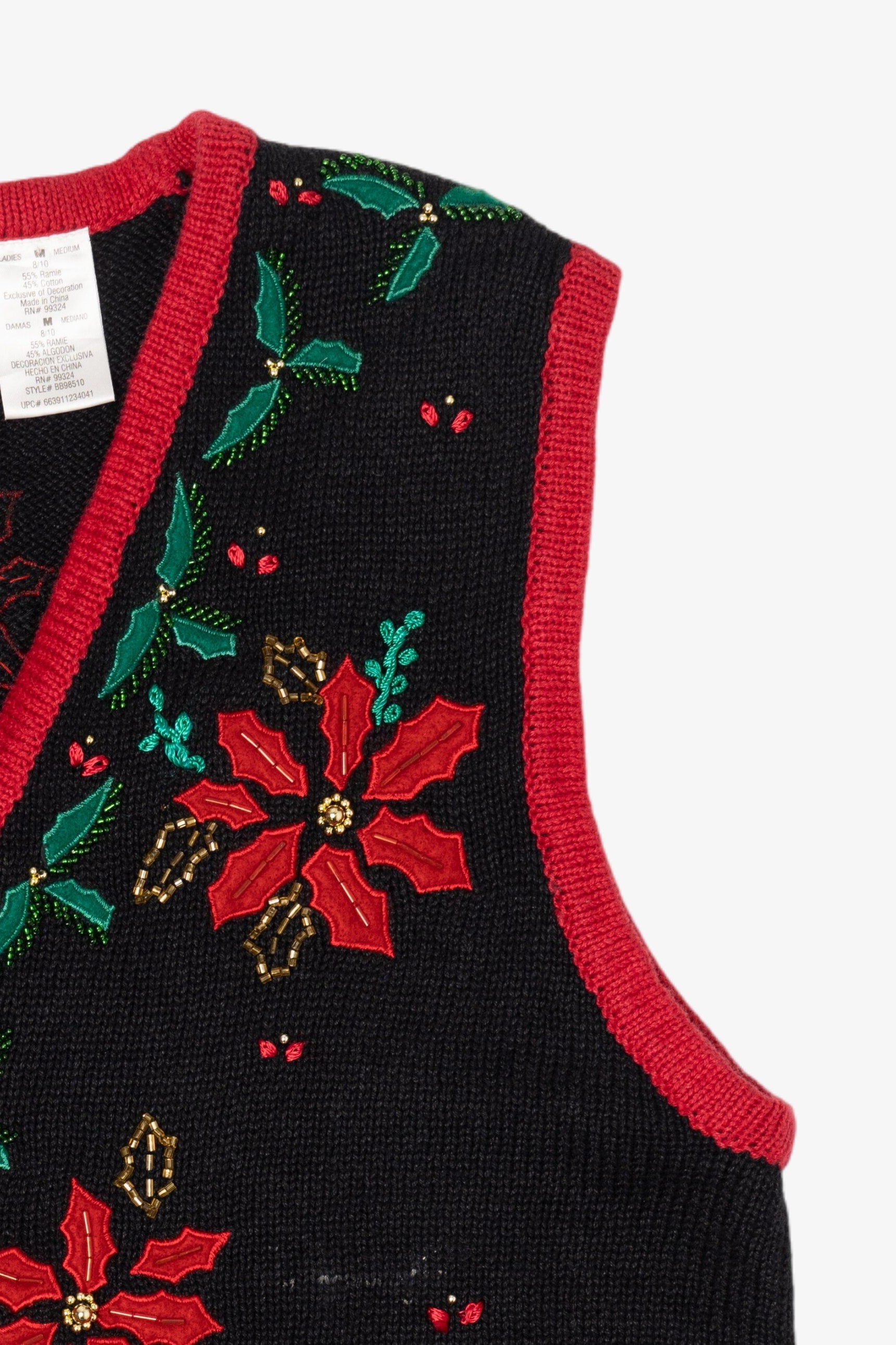 Vintage Bobbie Brooks Embroidered Poinsettias Ugly Christmas Vest (1990s)