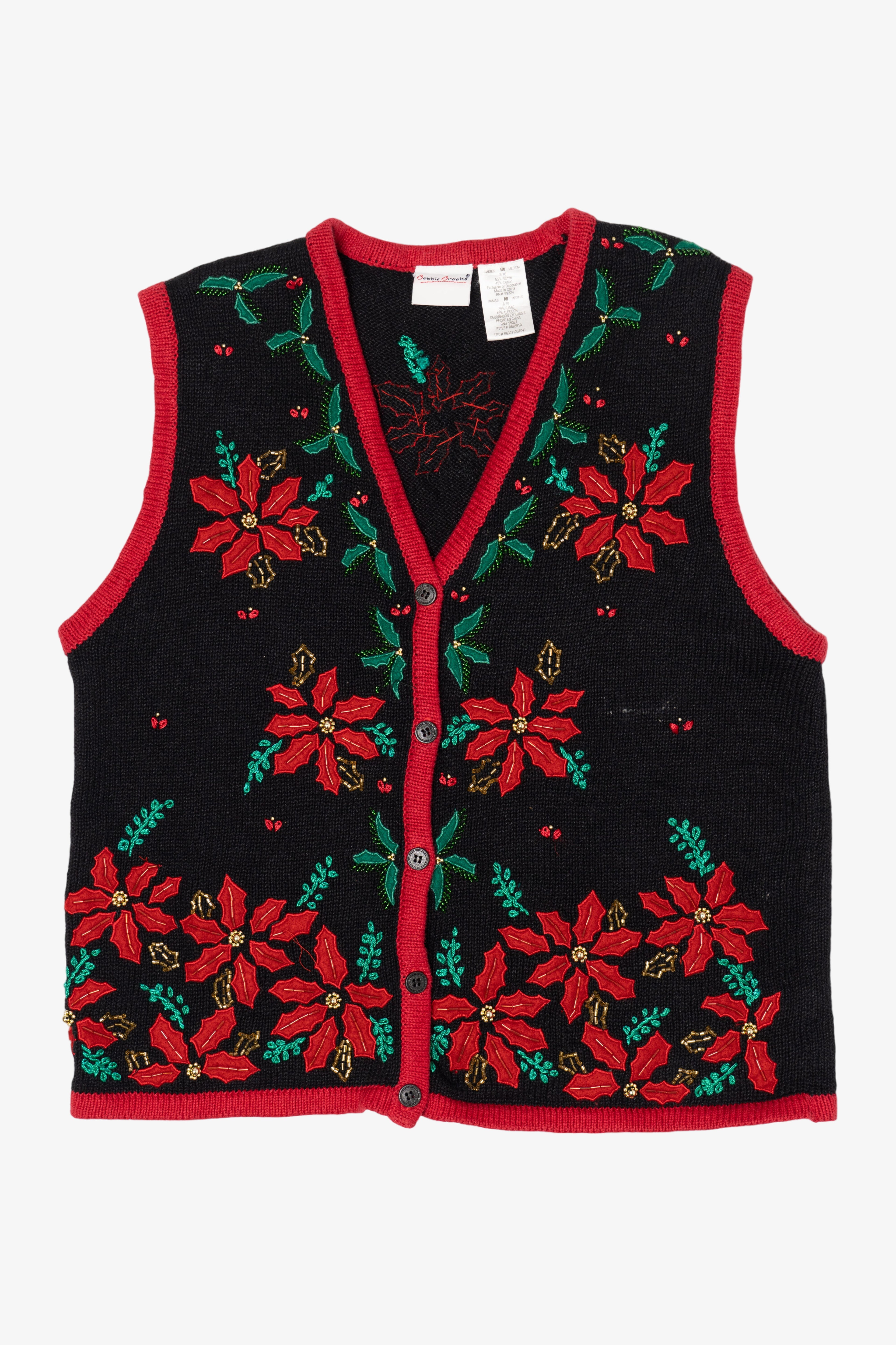 Vintage Bobbie Brooks Embroidered Poinsettias Ugly Christmas Vest (1990s)