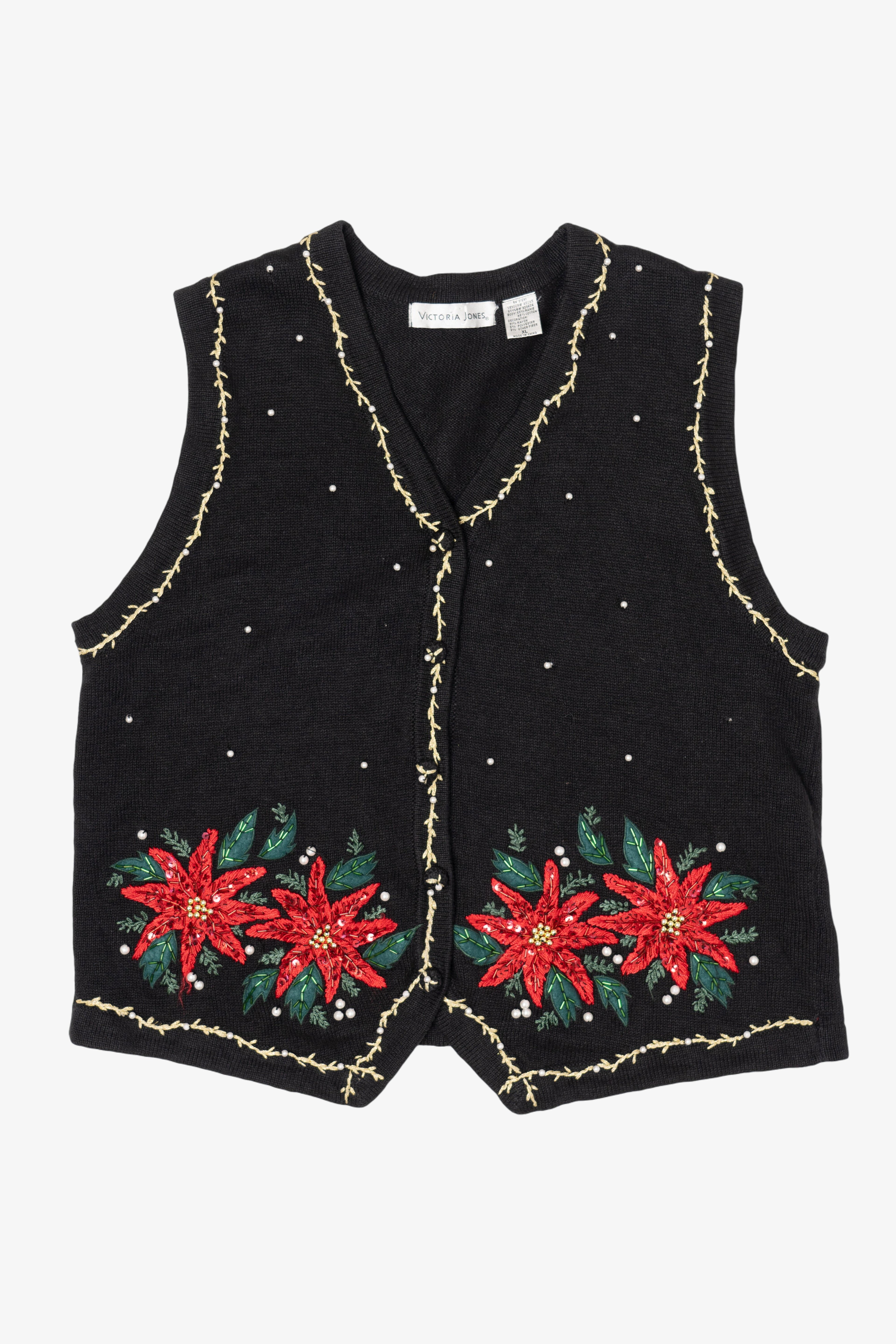 Vintage Victoria Jones Poinsettias Ugly Christmas Sweater (1990s)