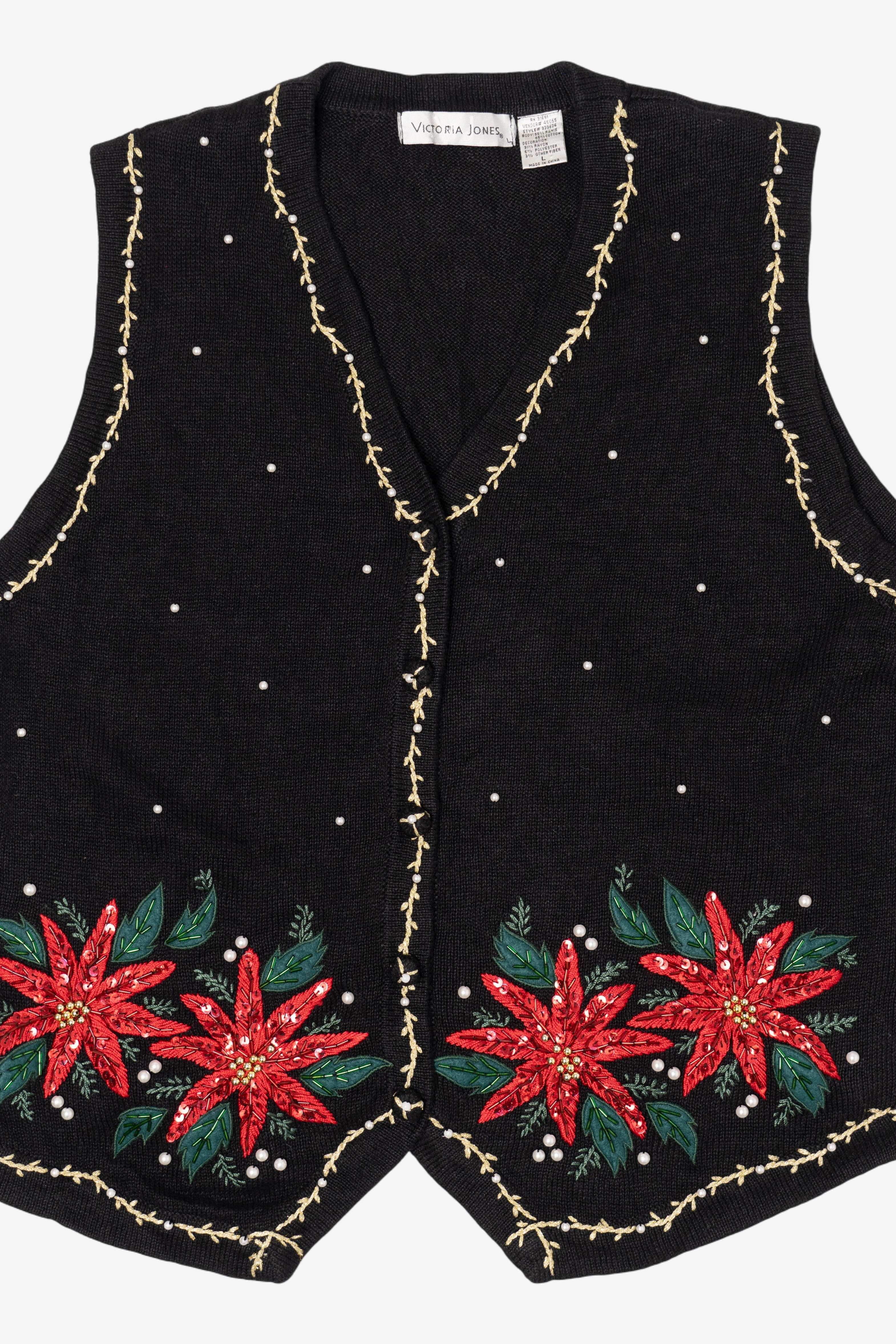 Vintage Victoria Jones Poinsettias Ugly Christmas Vest (1990s)