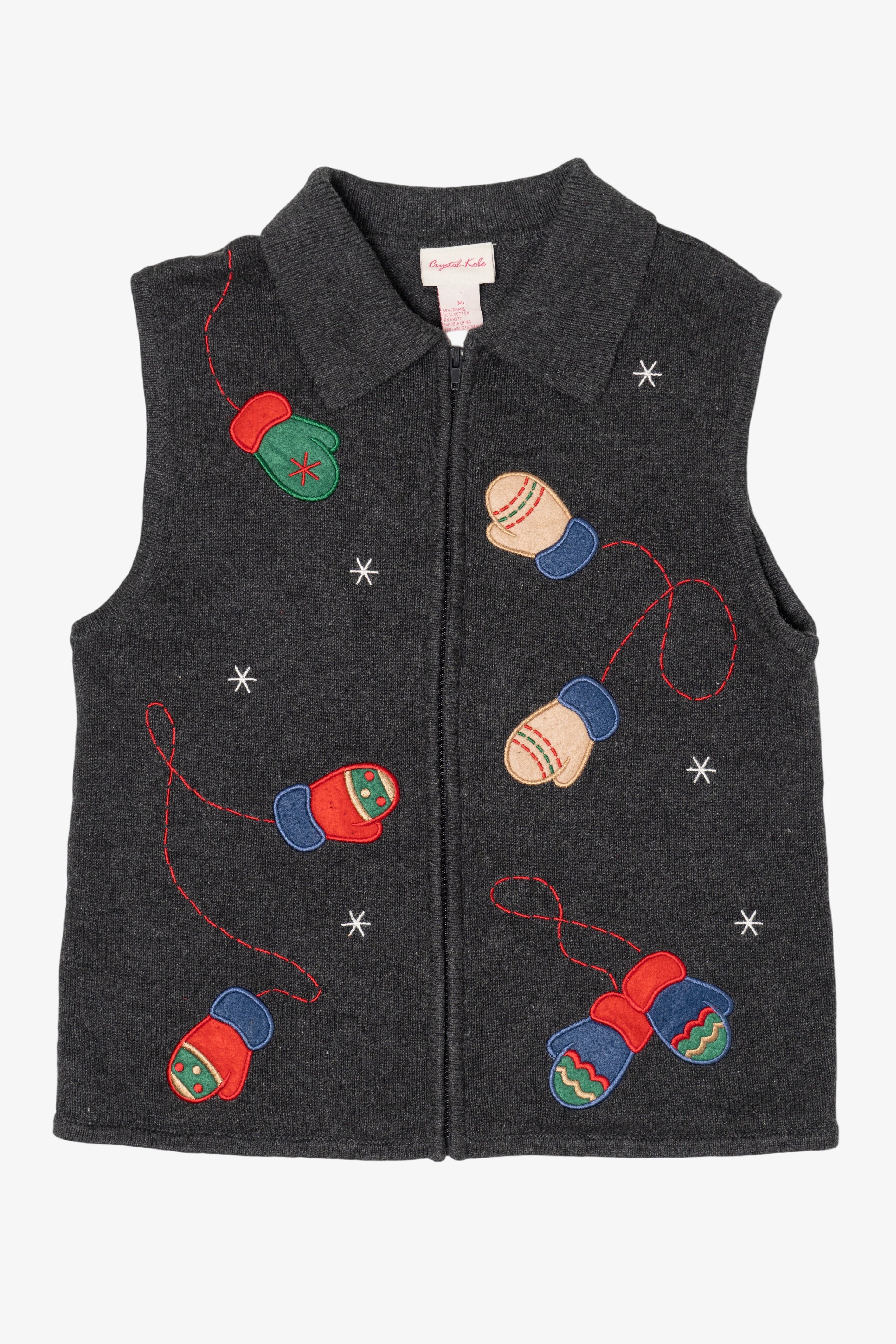 Vintage Dark Gray Crystal Kole Mittens Ugly Christmas Vest (1990s)