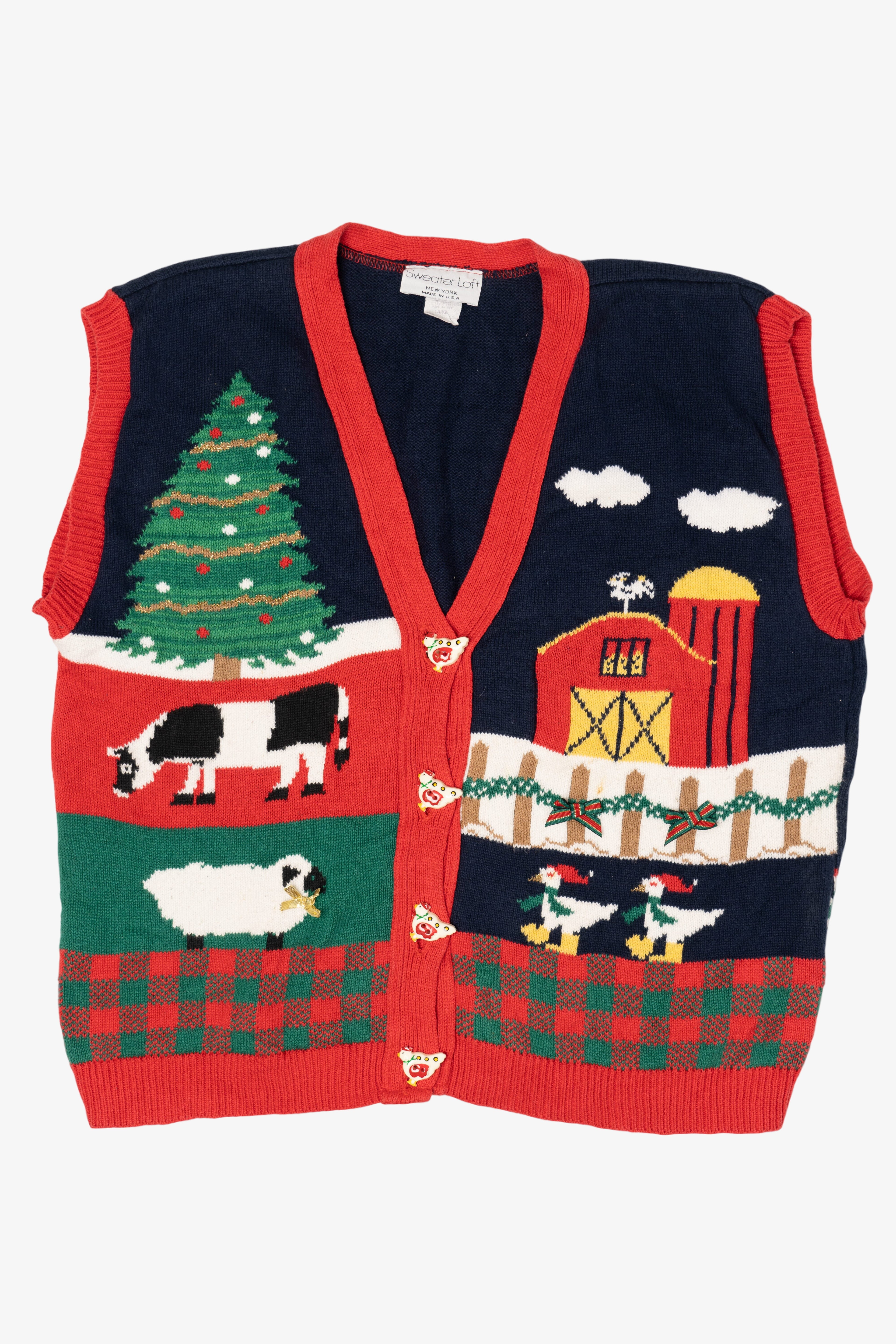 Vintage Blue Sweater Holiday Farm Loft Ugly Christmas Vest (1990s)