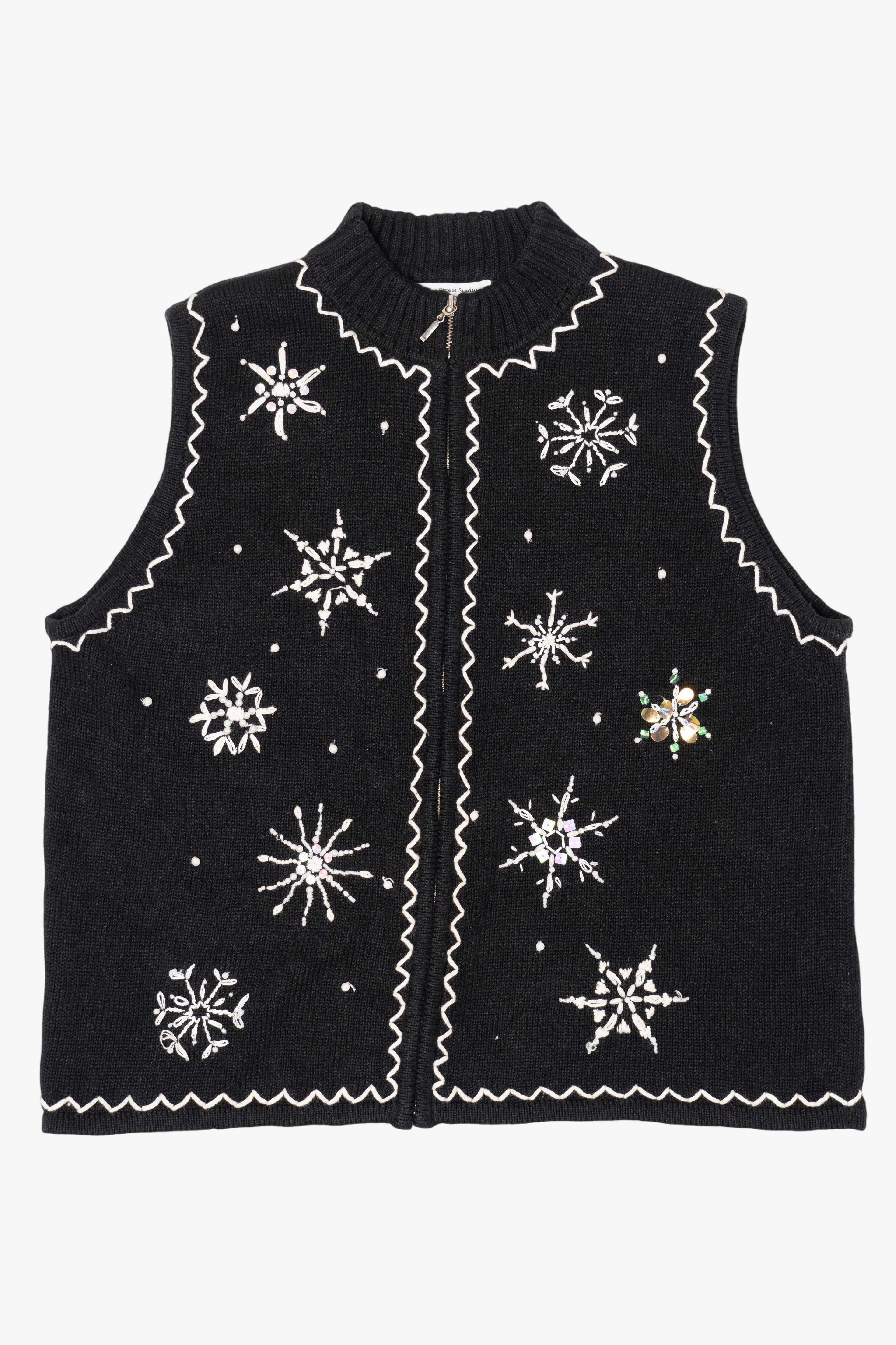 Vintage Black Mercer Street Snowflakes Ugly Christmas Vest (1990s)