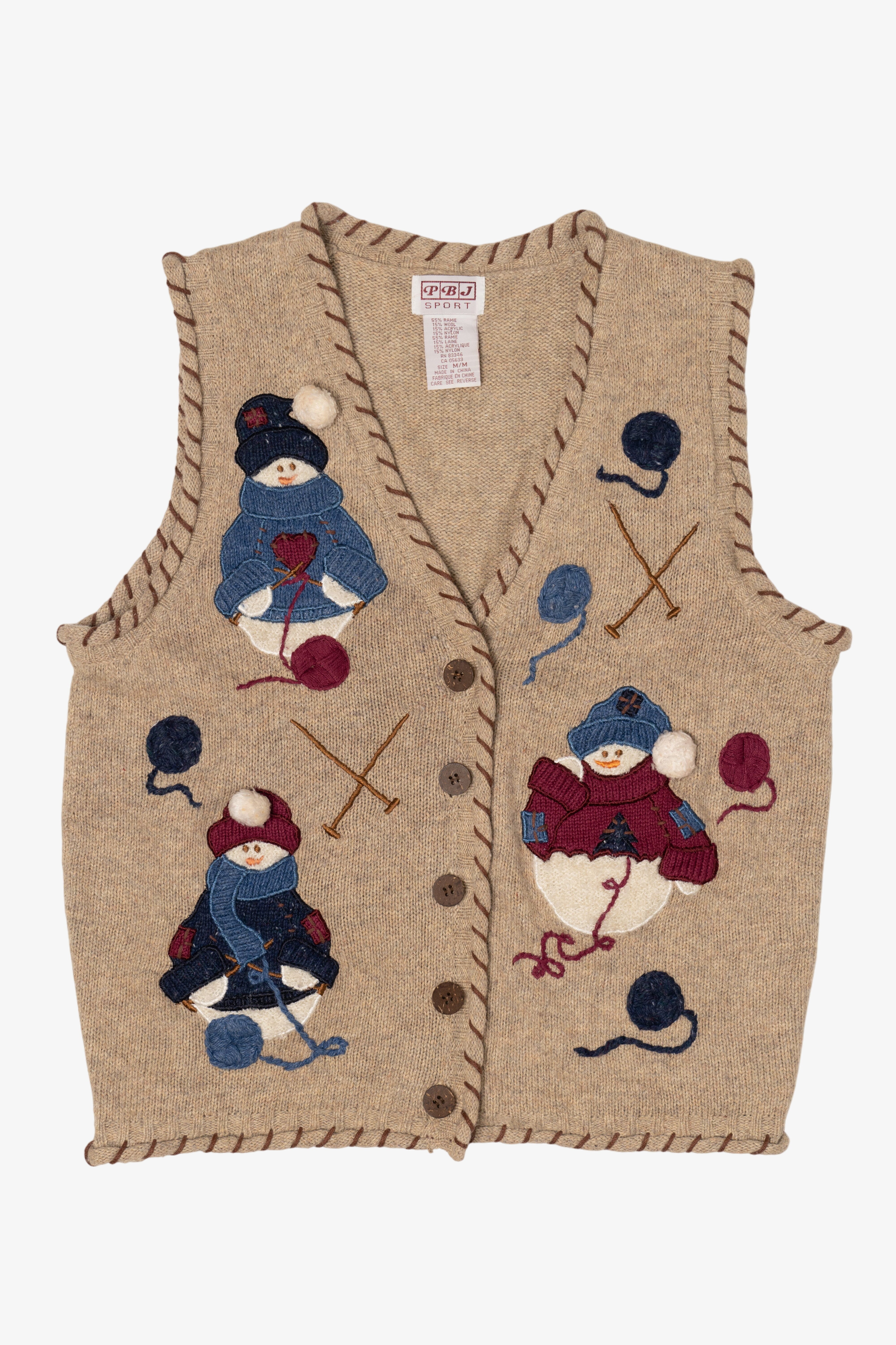 Vintage Beige PBJ Sport Snowmen Knitting Ugly Christmas Vest (1990s)