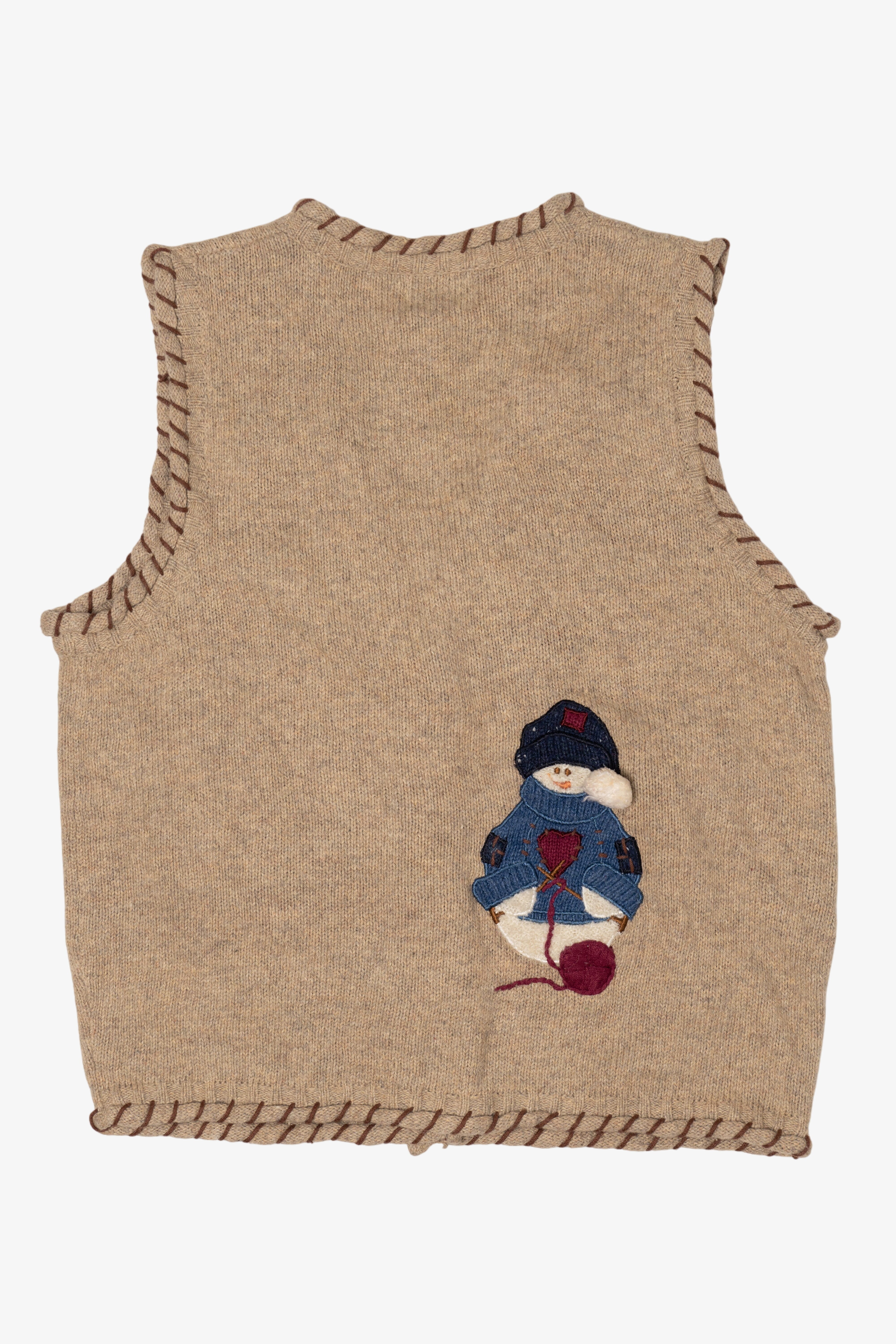 Vintage Beige PBJ Sport Snowmen Knitting Ugly Christmas Vest (1990s)