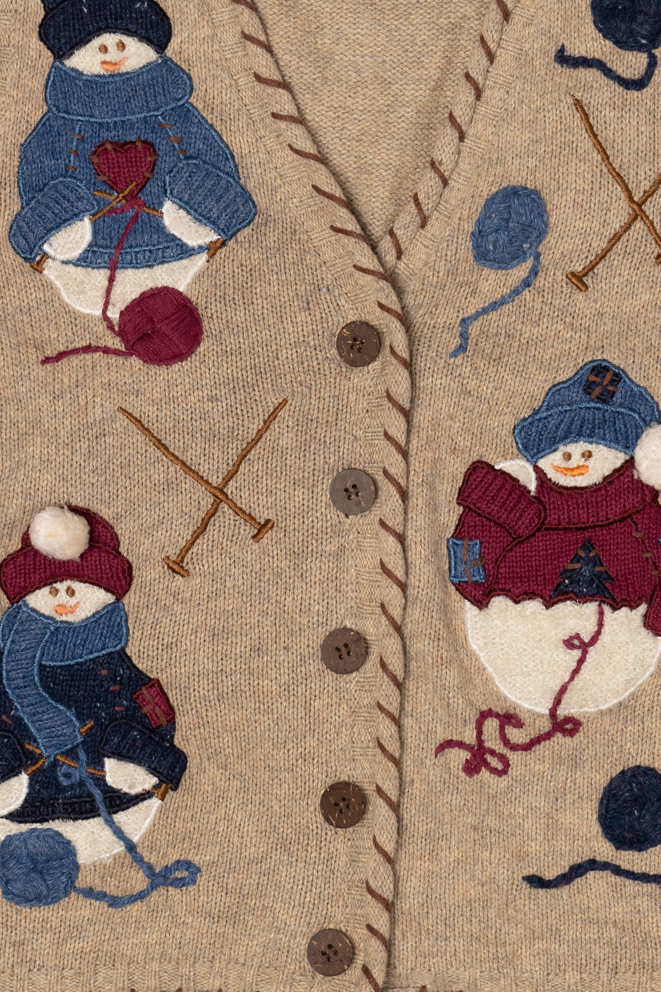 Vintage Beige PBJ Sport Snowmen Knitting Ugly Christmas Vest (1990s)