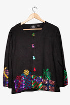 Vintage Black Sequin Gifts Christmas Cardigan (2000s)