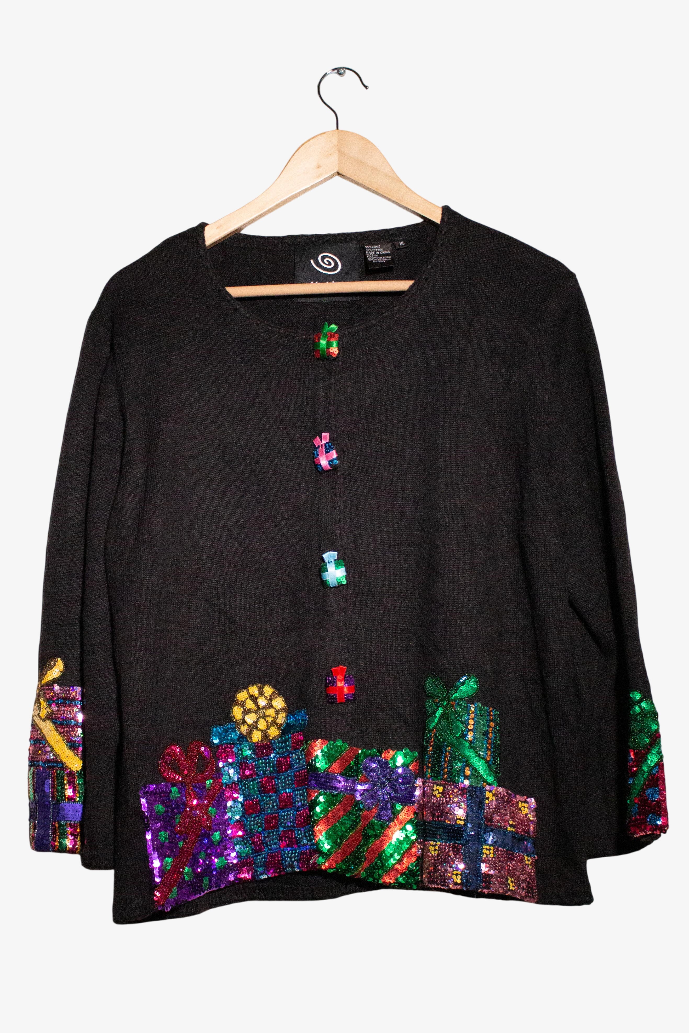 Vintage Black Sequin Gifts Christmas Cardigan (2000s)