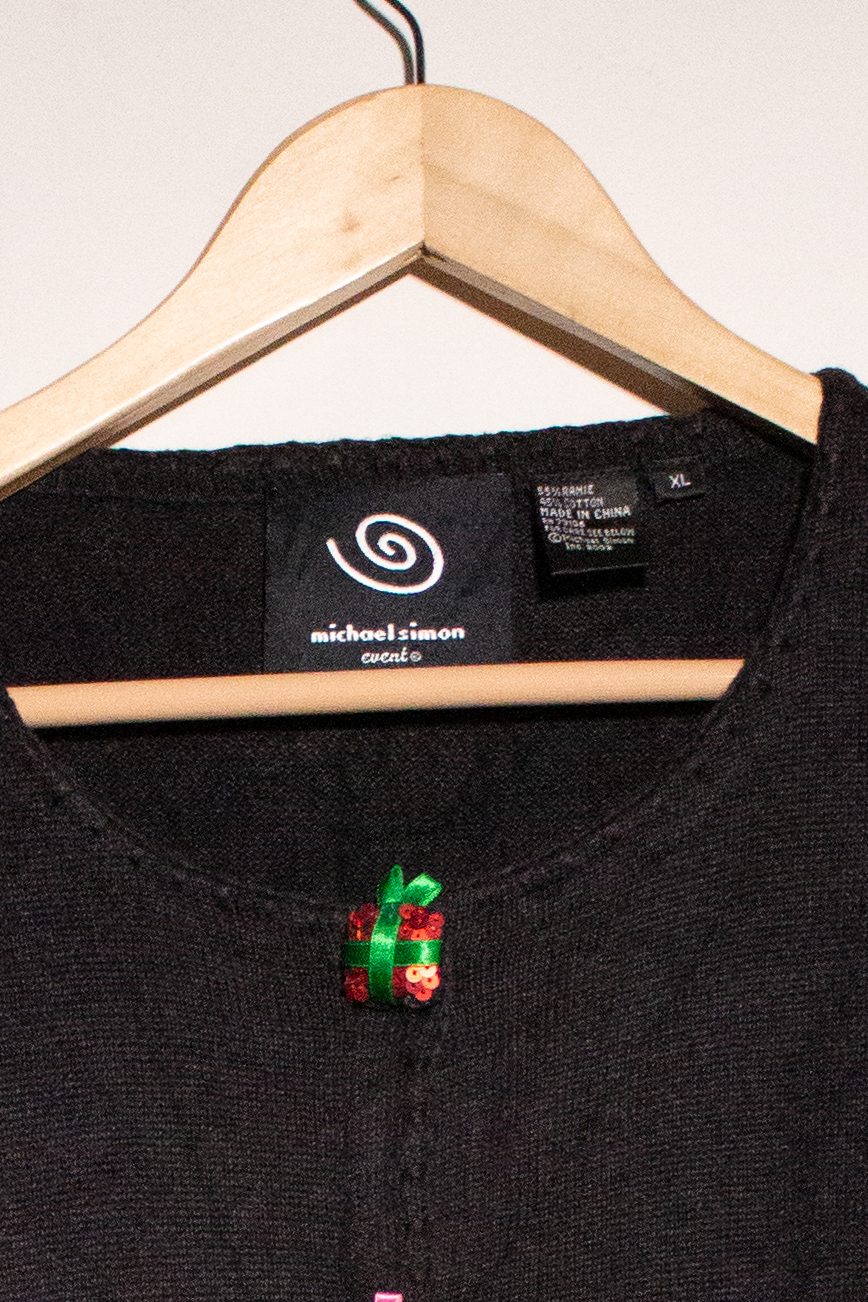 Vintage Black Sequin Gifts Christmas Cardigan (2000s)