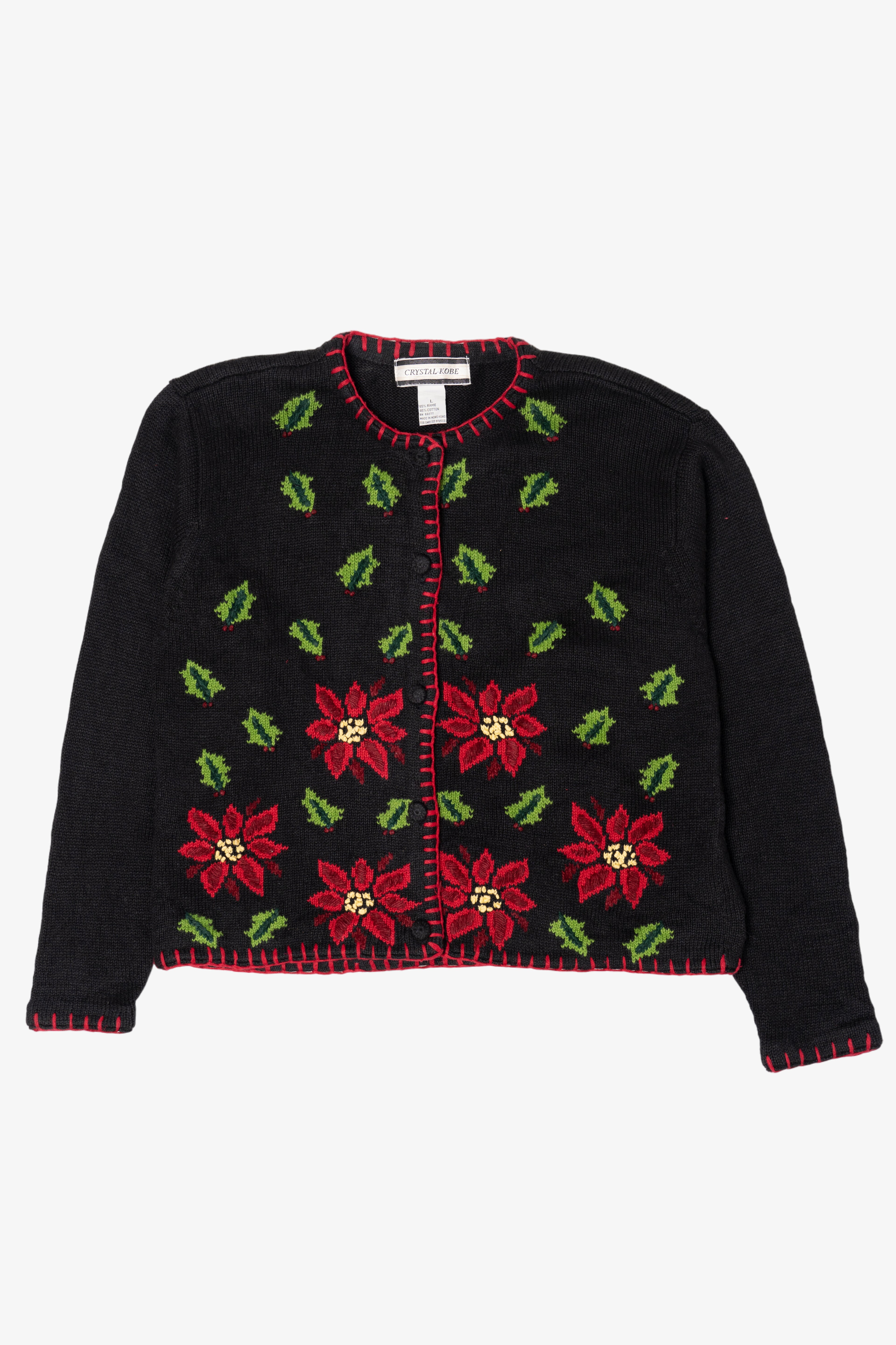 Vintage Black Crystal Kobe Flowers Ugly Christmas Cardigan (1990s)