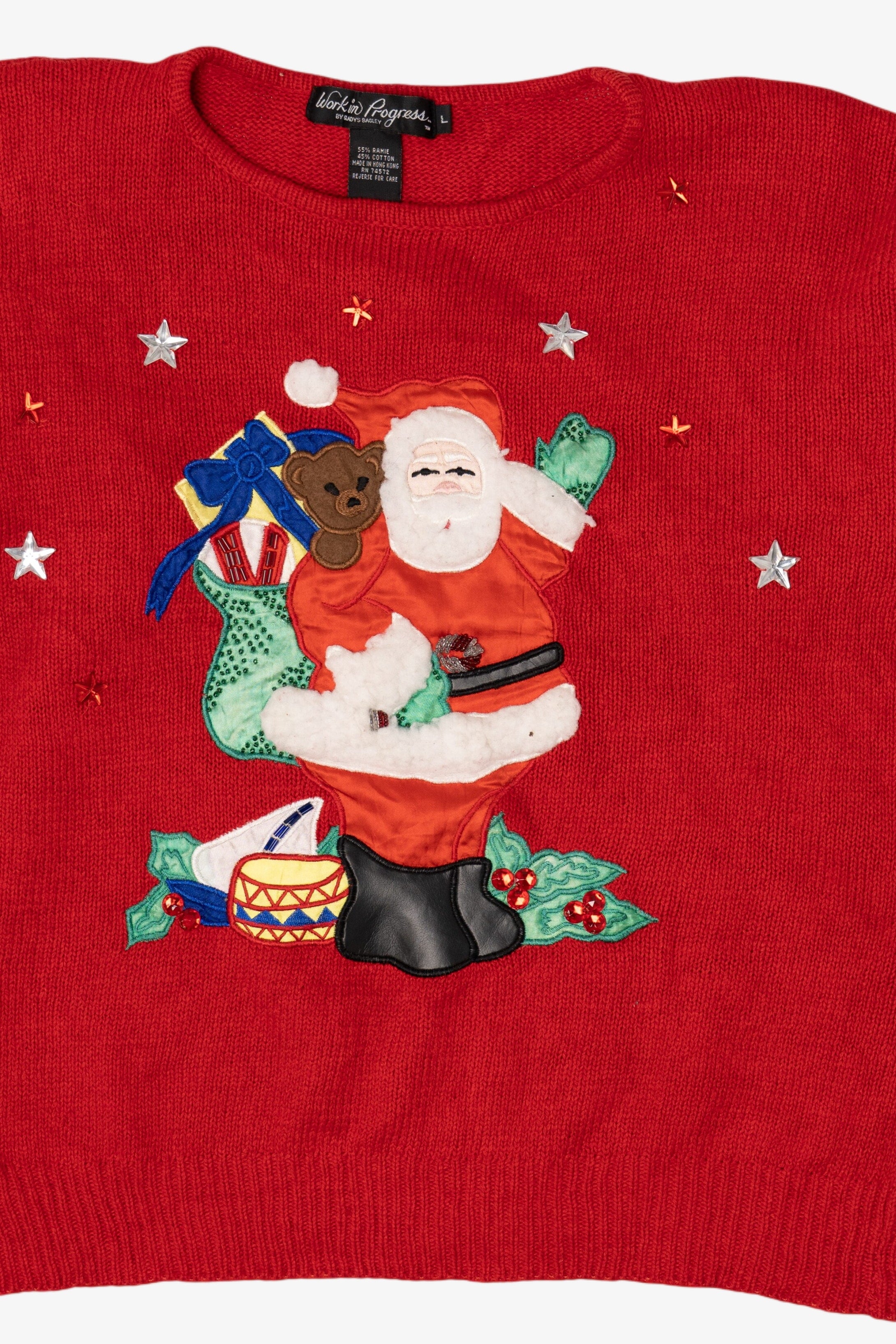 Vintage Red Work in Progress Santa Christmas Pullover (1990s)