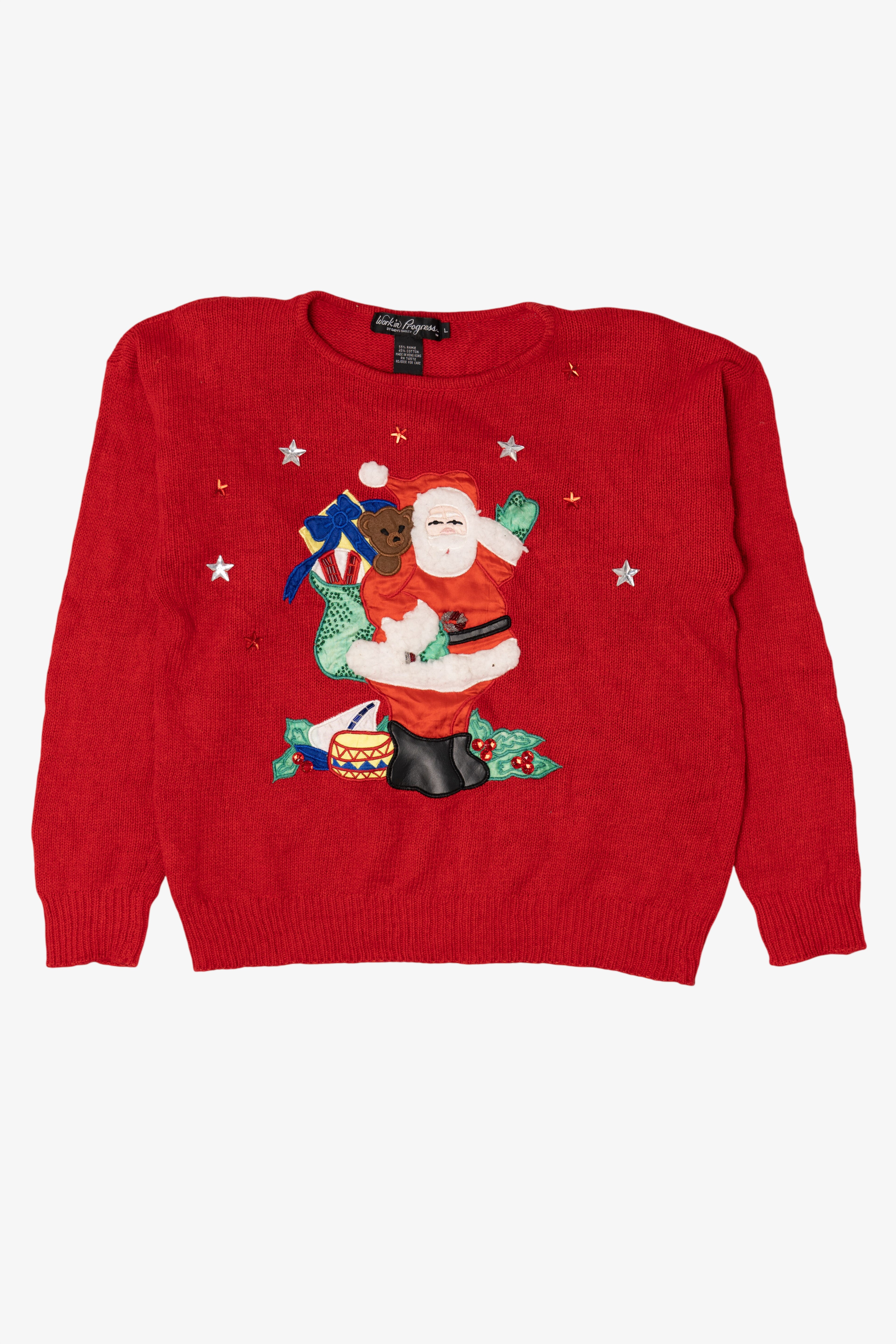 Vintage Red Work in Progress Santa Christmas Pullover (1990s)