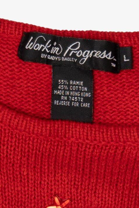 Vintage Red Work in Progress Santa Christmas Pullover (1990s)