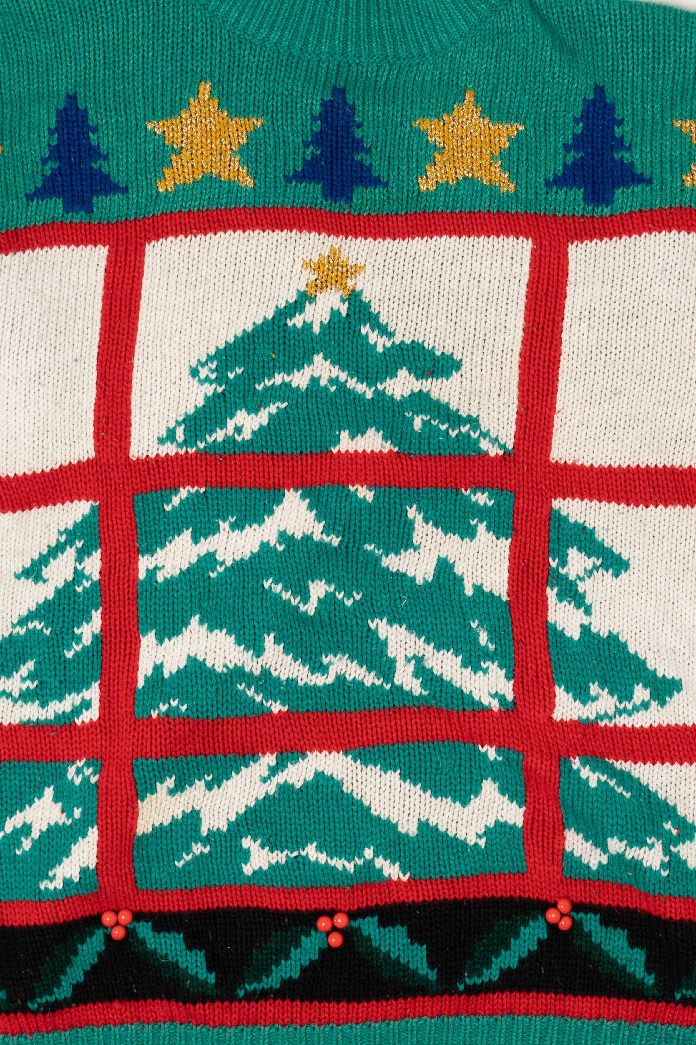 Vintage Green Tree In Window Ugly Christmas Sweater (1990s)