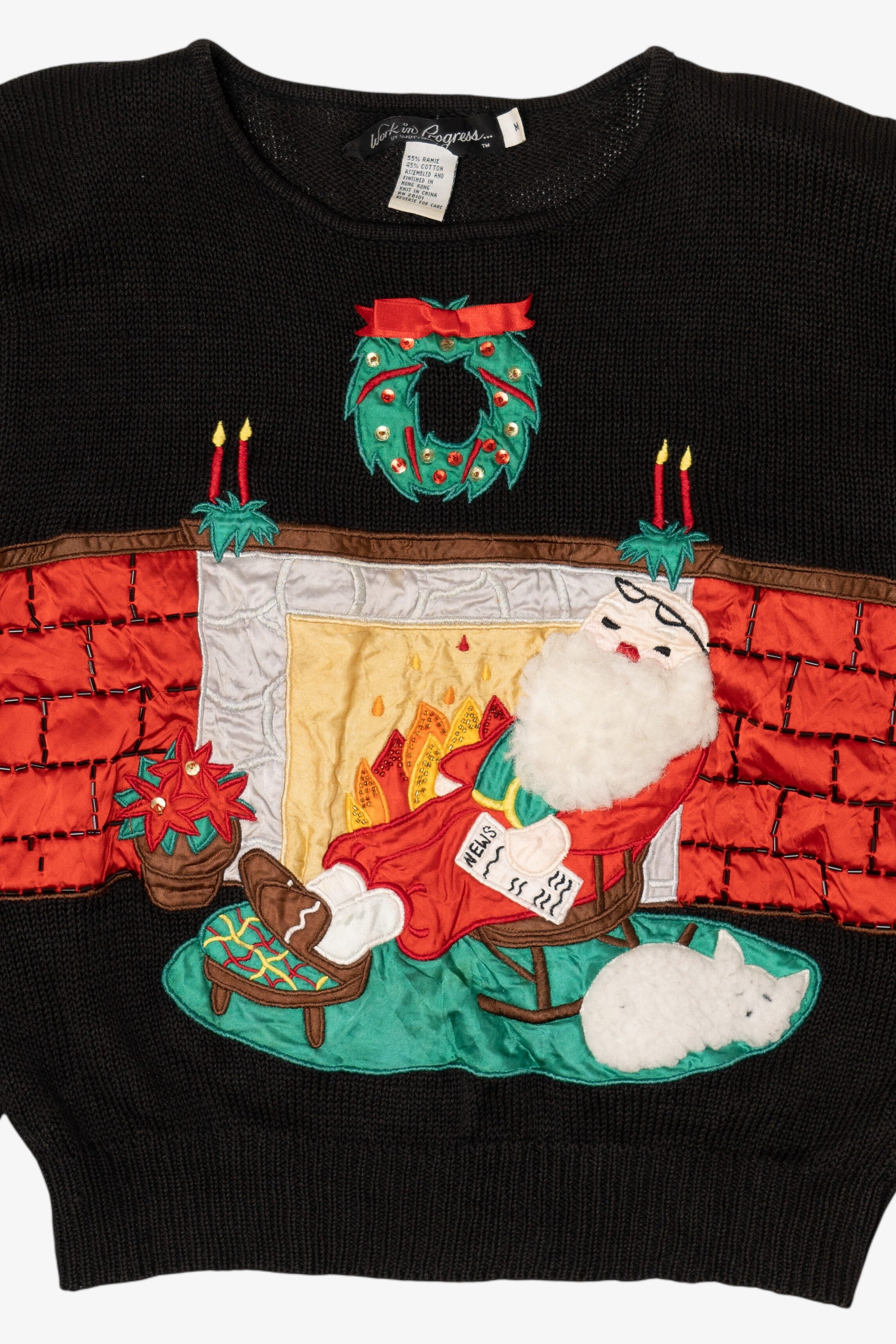 Vintage Santa And Fireplace Ugly Christmas Sweater (1990s)