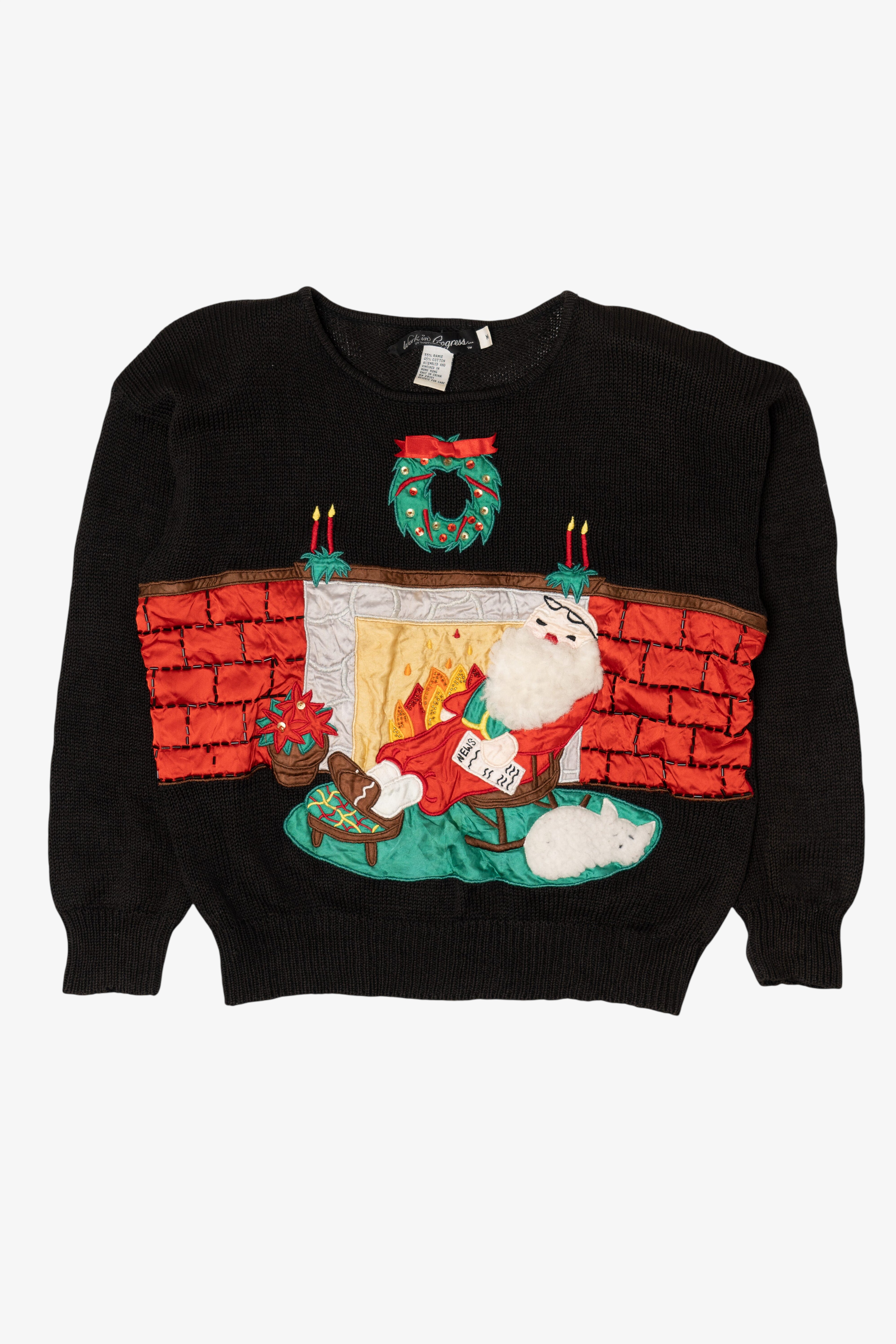 Vintage Santa And Fireplace Ugly Christmas Sweater (1990s)